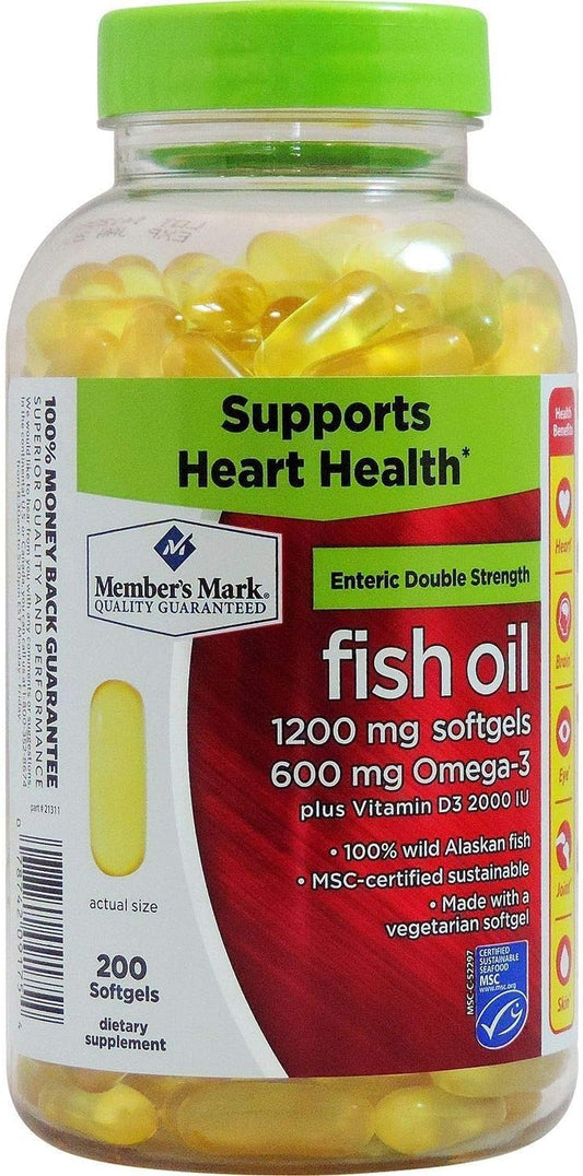 Double Strength Member's Mark Enteric Fish Oil Softgels - 1200mg, 200 Count