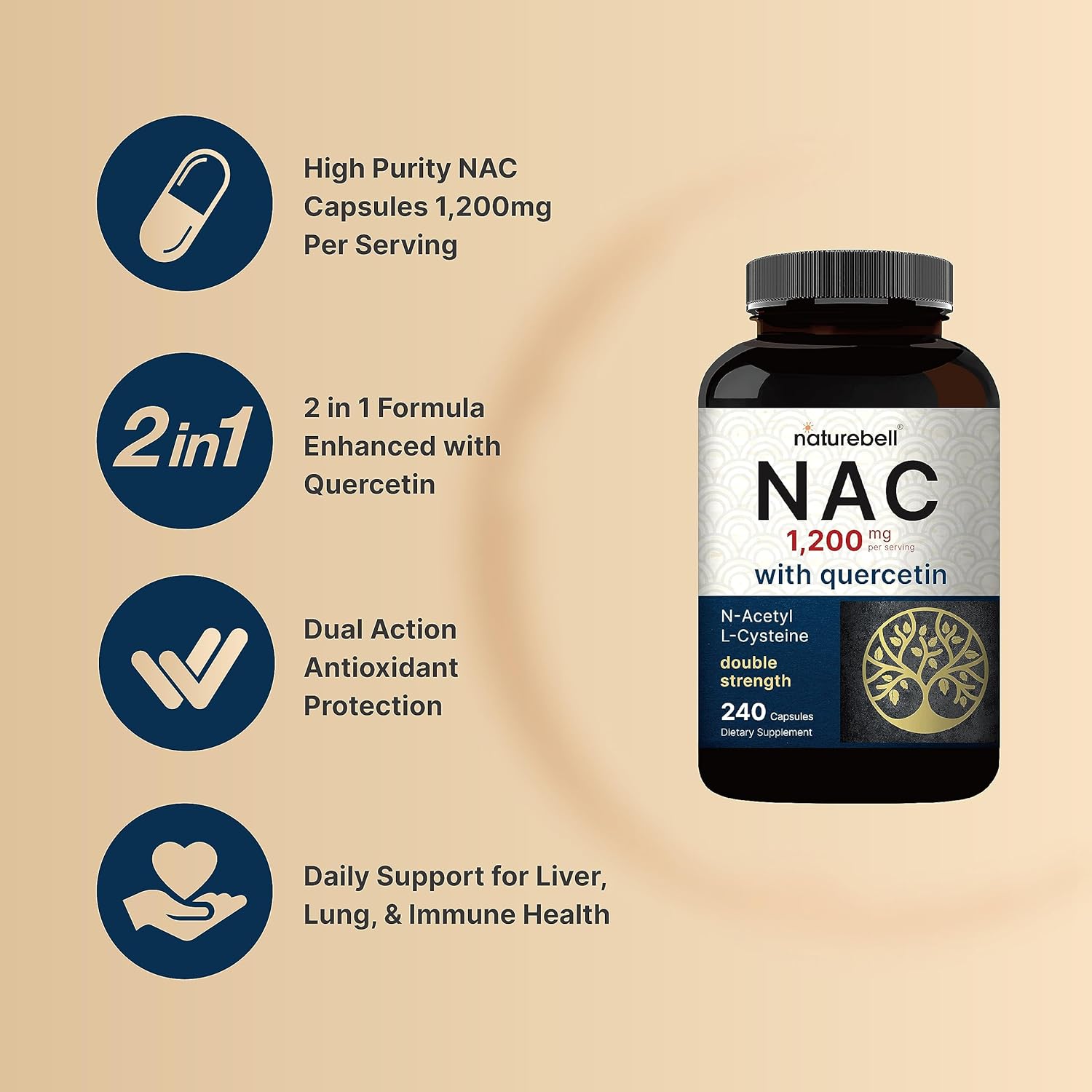 Double Strength NAC Supplement 1200mg | 240 Capsules with Quercetin for Immune, Liver, Lung Health