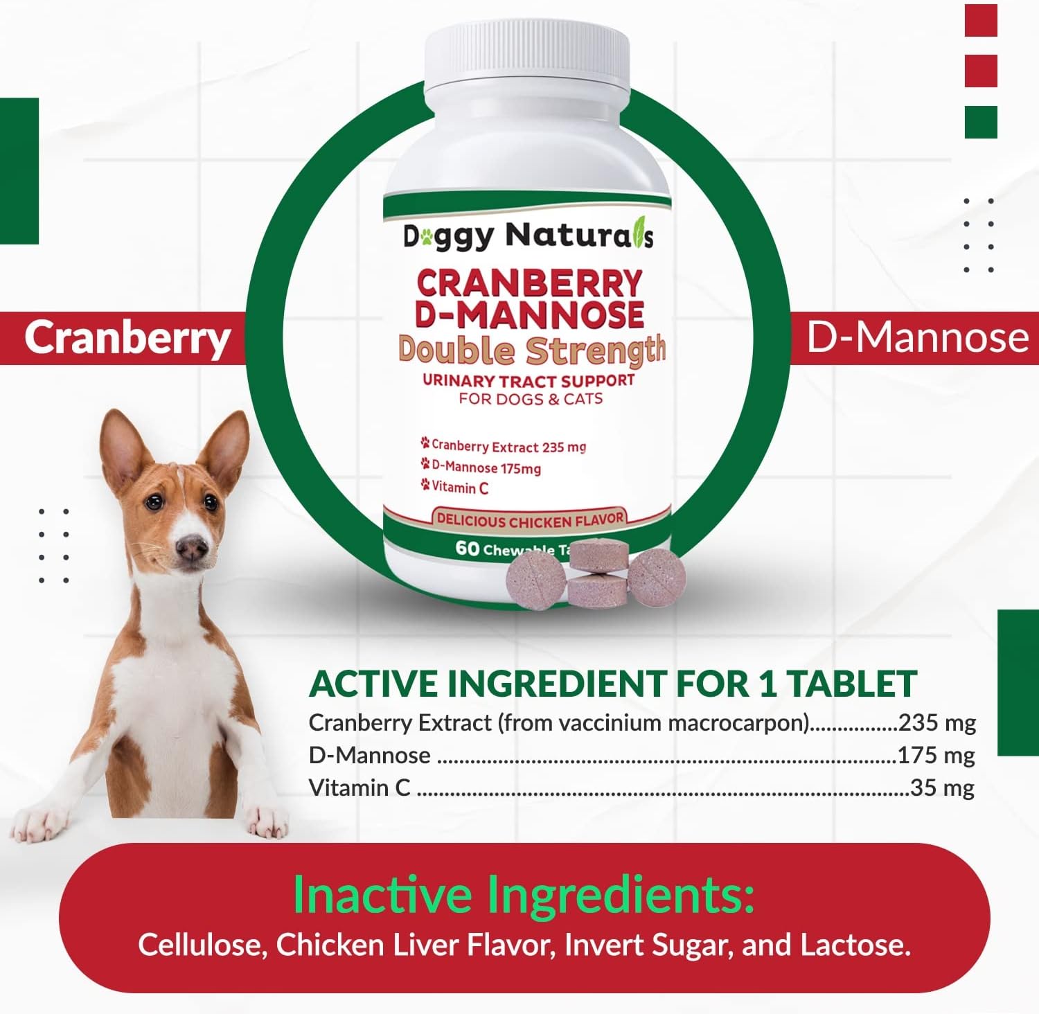 Double Strength Pet Cranberry D-Mannose Tablets for UTI Prevention in Dogs & Cats - 60 Count