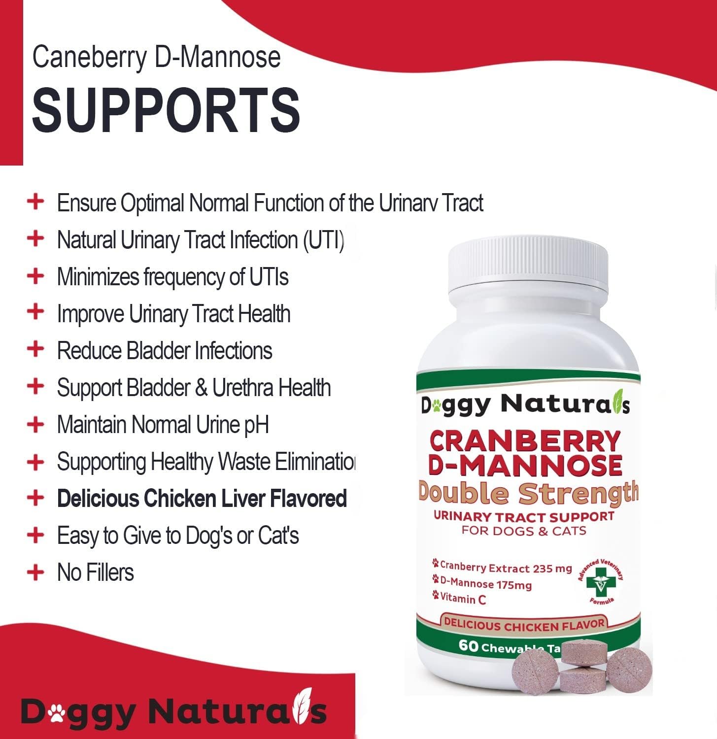 Double Strength Pet Cranberry D-Mannose Tablets for UTI Prevention in Dogs & Cats - 60 Count