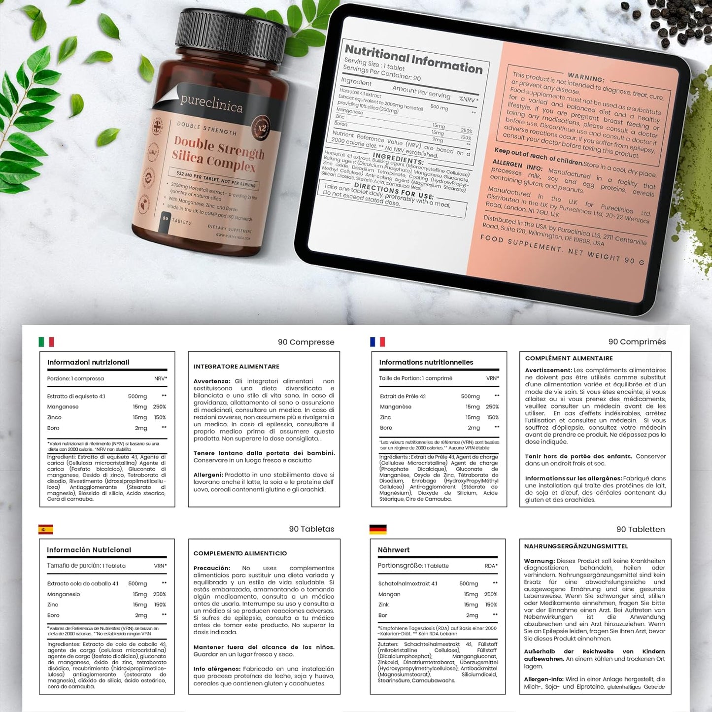 Double Strength Silica Complex Tablets - 3 Month Supply - 2000mg Horsetail Extract - Pureclinica
