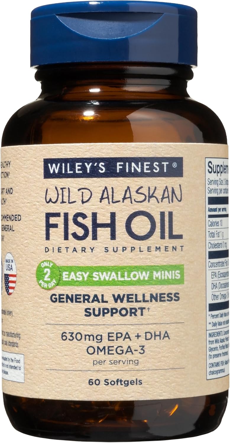 Double-Strength Wild Alaskan Fish Oil Easy Swallow Minis - Omega-3 Supplement for Adults & Kids - 630mg EPA/DHA - 60 Mini Softgels