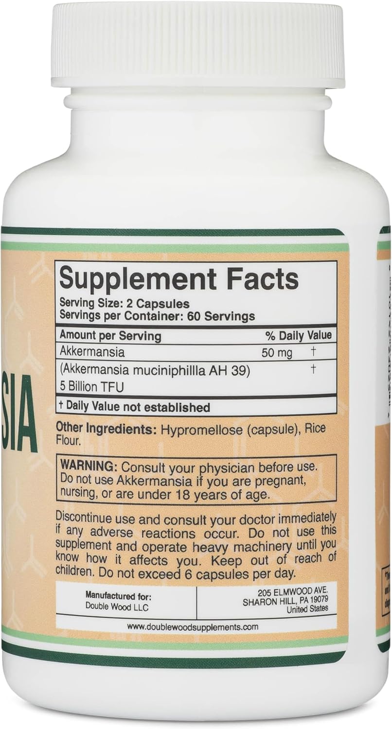 Double Wood Akkermansia Probiotic Capsules - 60 Capsules, 50mg, Third Party Tested, 5 Billion TFU, 50 Billion CFU