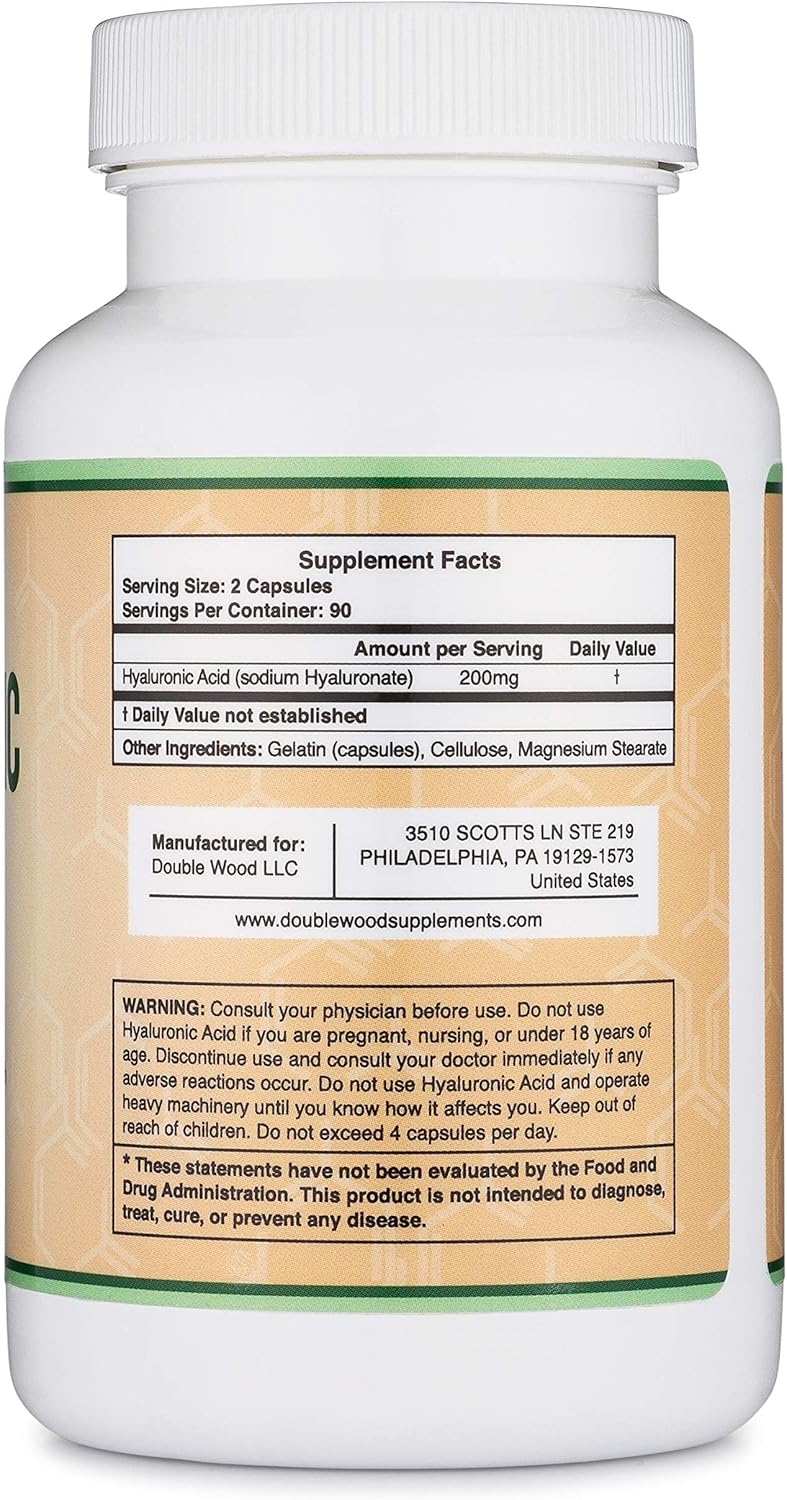 Double Wood Hyaluronic Acid Capsules - 180 Count (200mg Per Serving) for Skin and Face Aging Support - Gluten Free Supplement by Double Wood