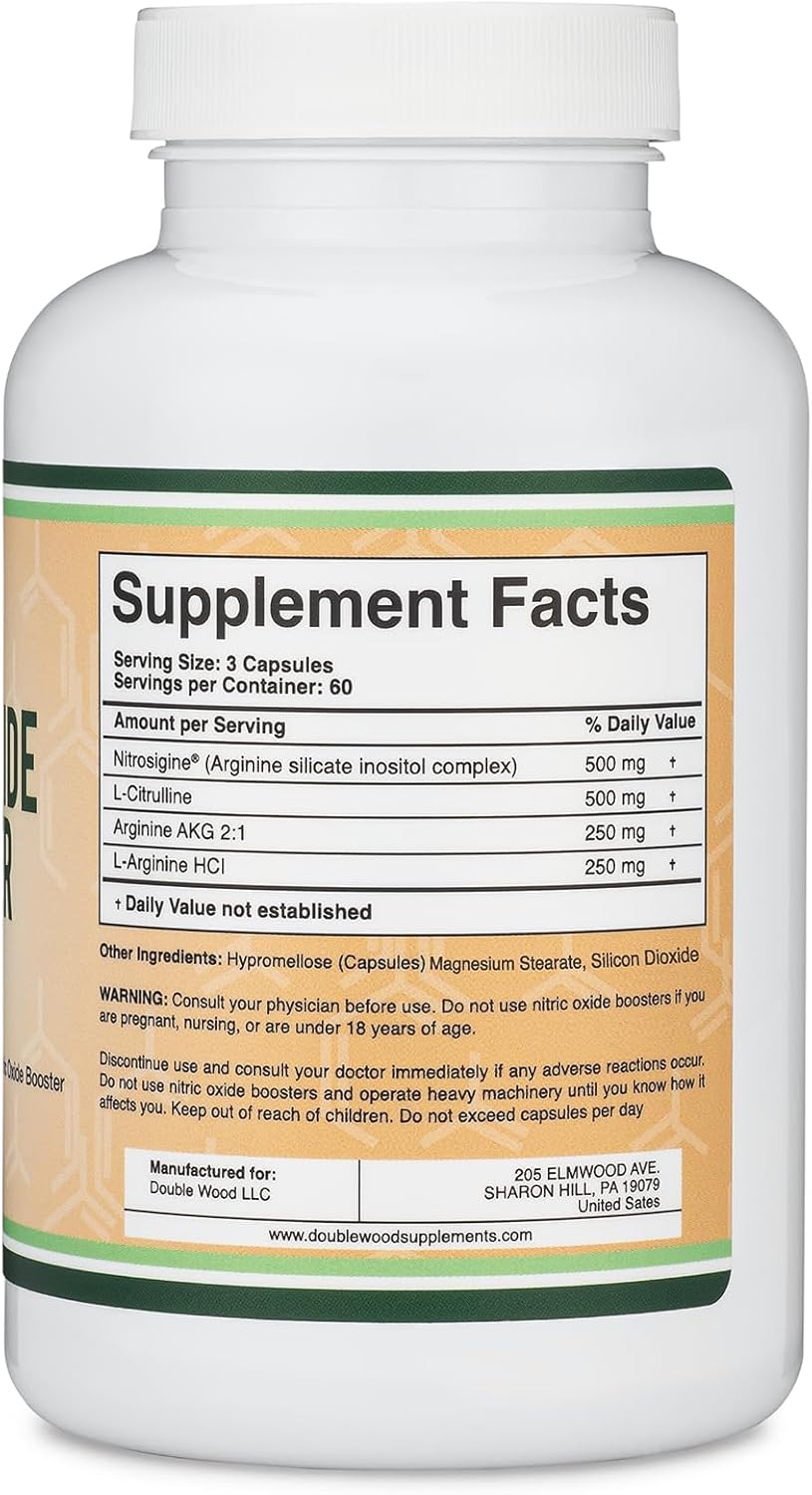 Double Wood Nitric Oxide Booster Supplement - Stim-Free Pre Workout with Nitrosigine, L-Arginine, L-Citrulline - 180 Capsules
