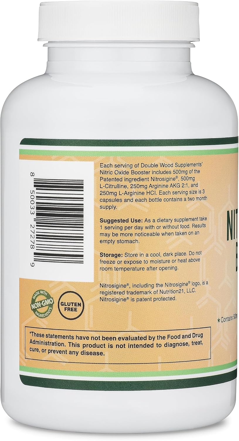 Double Wood Nitric Oxide Booster Supplement - Stim-Free Pre Workout with Nitrosigine, L-Arginine, L-Citrulline - 180 Capsules