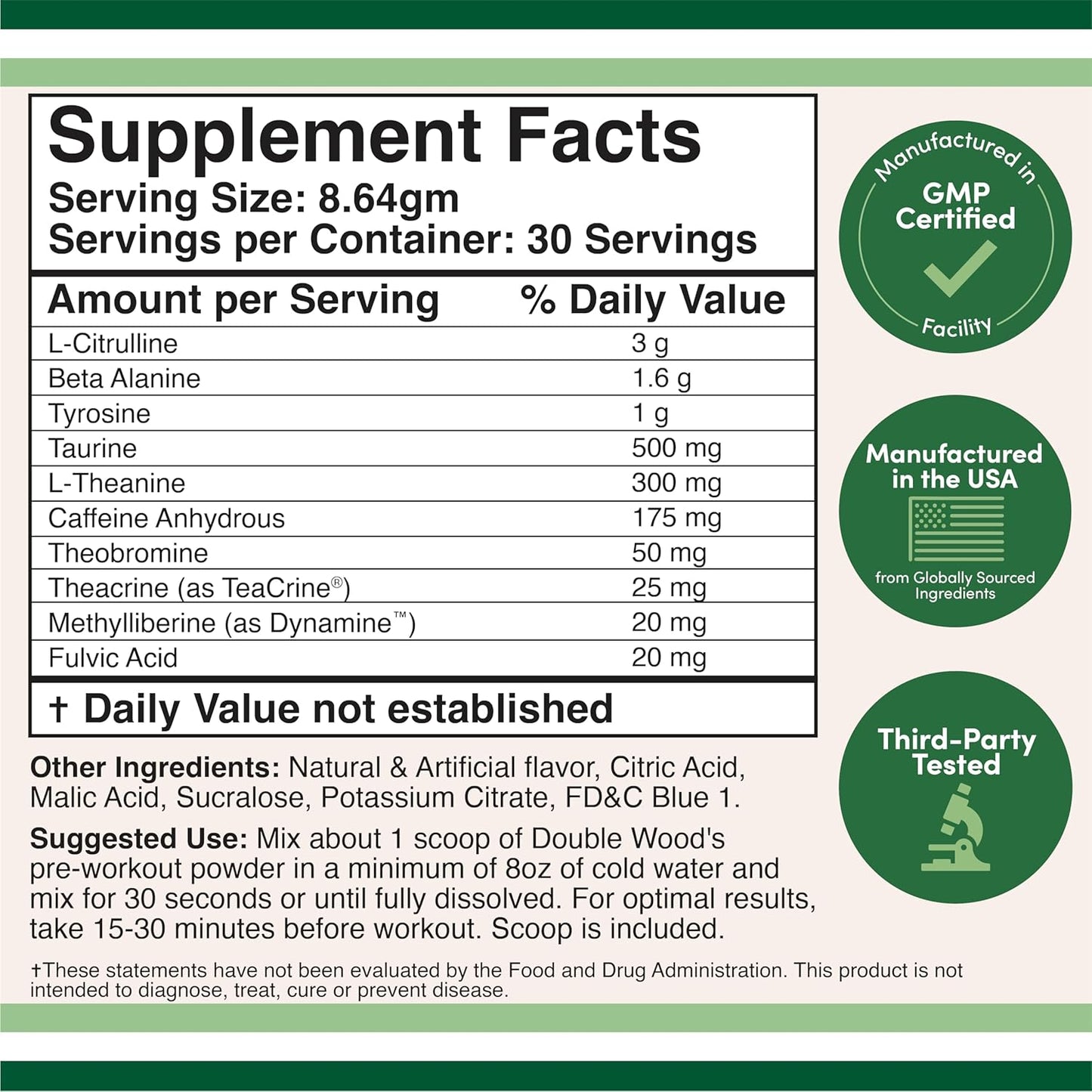 Double Wood Pre Workout Powder for Men & Women - 30 Servings with Caffeine, Beta Alanine, L-Citrulline, Dynamine, L-Theanine, Taurine, Theacrine - Includes Scoop (Blue Raspberry Flavor)