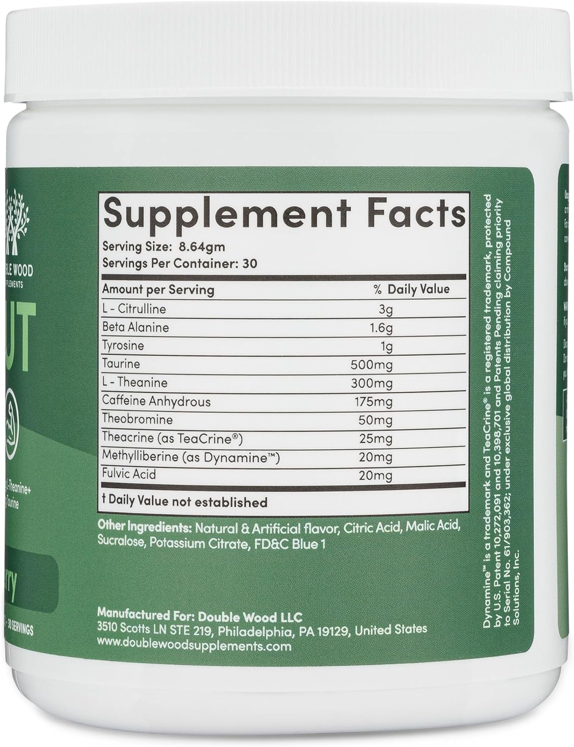 Double Wood Pre Workout Powder for Men & Women - 30 Servings with Caffeine, Beta Alanine, L-Citrulline, Dynamine, L-Theanine, Taurine, Theacrine - Includes Scoop (Blue Raspberry Flavor)