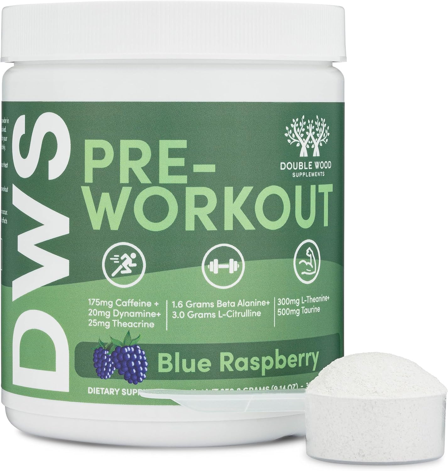 Double Wood Pre Workout Powder for Men & Women - 30 Servings with Caffeine, Beta Alanine, L-Citrulline, Dynamine, L-Theanine, Taurine, Theacrine - Includes Scoop (Blue Raspberry Flavor)