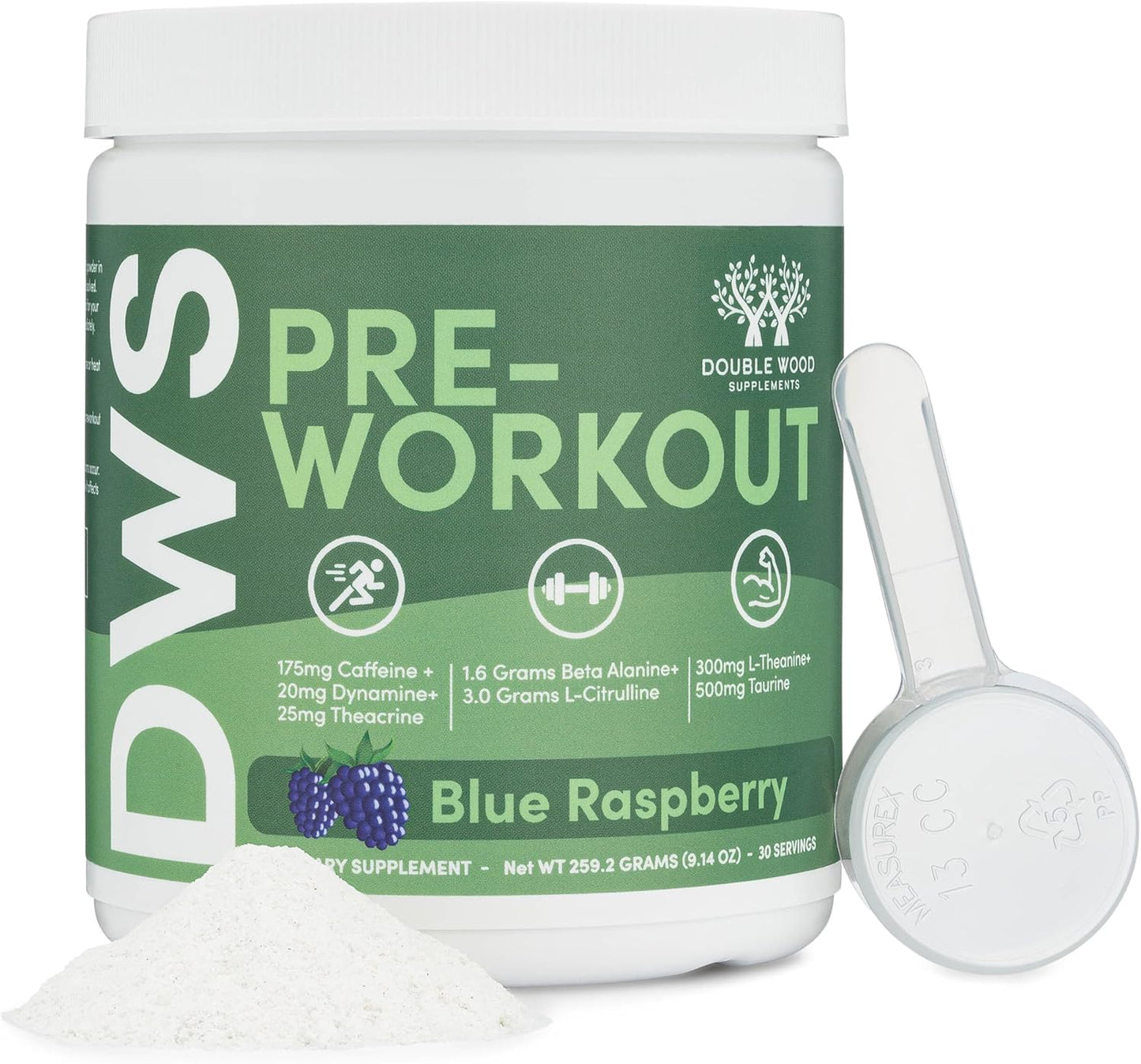 Double Wood Pre Workout Powder for Men & Women - 30 Servings with Caffeine, Beta Alanine, L-Citrulline, Dynamine, L-Theanine, Taurine, Theacrine - Includes Scoop (Blue Raspberry Flavor)