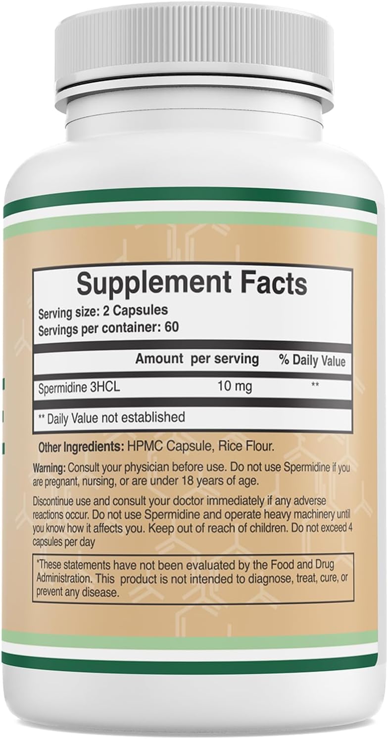 Double Wood Spermidine Supplement - 120 Capsules (10mg 99% Spermidine 3HCL) - Third Party Tested for Cell Membrane and Telomere Health