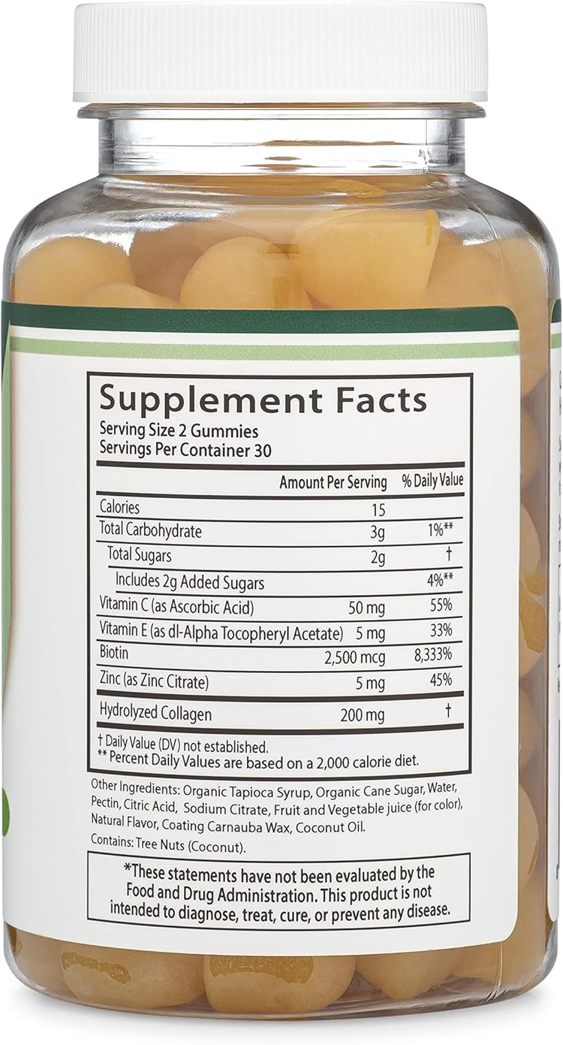 Double Wood Supplements Collagen Gummies with Biotin, Vitamin C, Zinc, Vitamin E - 60 Hair, Skin, Nails Vitamins for Longevity in Women and Men