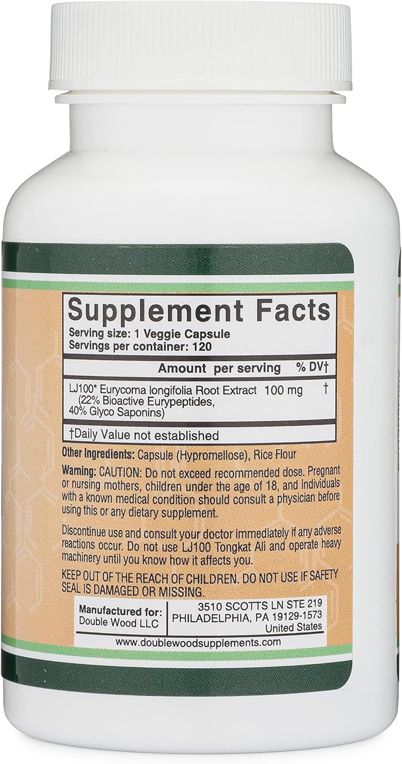 Double Wood Supplements LJ100 Tongkat Ali Capsules - Clinically Proven Men's Health Formula (120 Count)