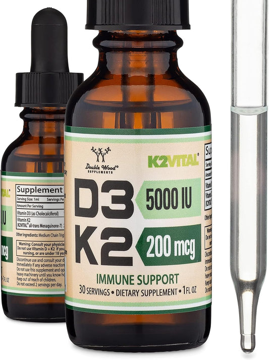 Double Wood Supplements Max Absorption Vitamin D3 K2 Liquid Drops - 5,000 IU D3 and 200mcg K2 MK-7 (K2Vital) - 30 Servings