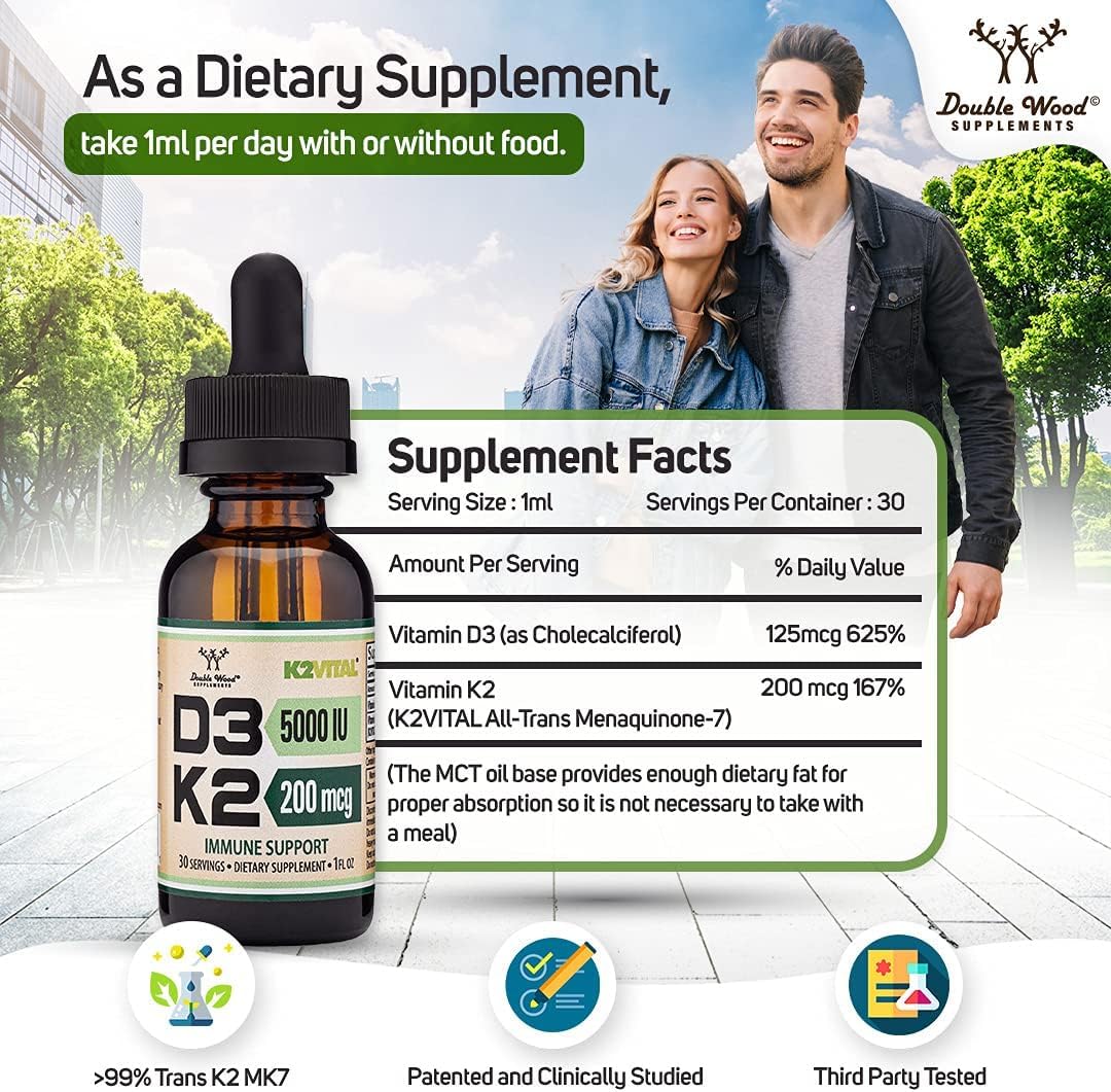 Double Wood Supplements Max Absorption Vitamin D3 K2 Liquid Drops - 5,000 IU D3 and 200mcg K2 MK-7 (K2Vital) - 30 Servings