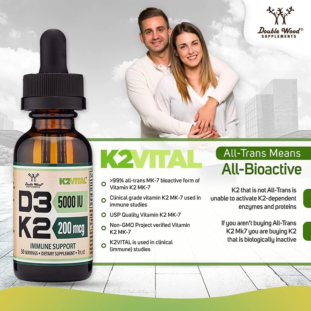 Double Wood Supplements Max Absorption Vitamin D3 K2 Liquid Drops - 5,000 IU D3 and 200mcg K2 MK-7 (K2Vital) - 30 Servings