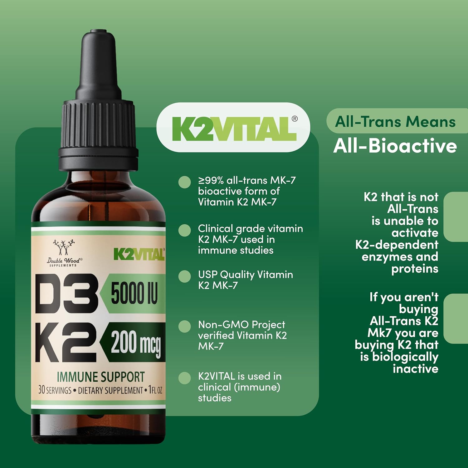 Double Wood Supplements Max Absorption Vitamin D3 K2 Liquid Drops - 5,000 IU D3 and 200mcg K2 MK-7 (K2Vital) - 30 Servings