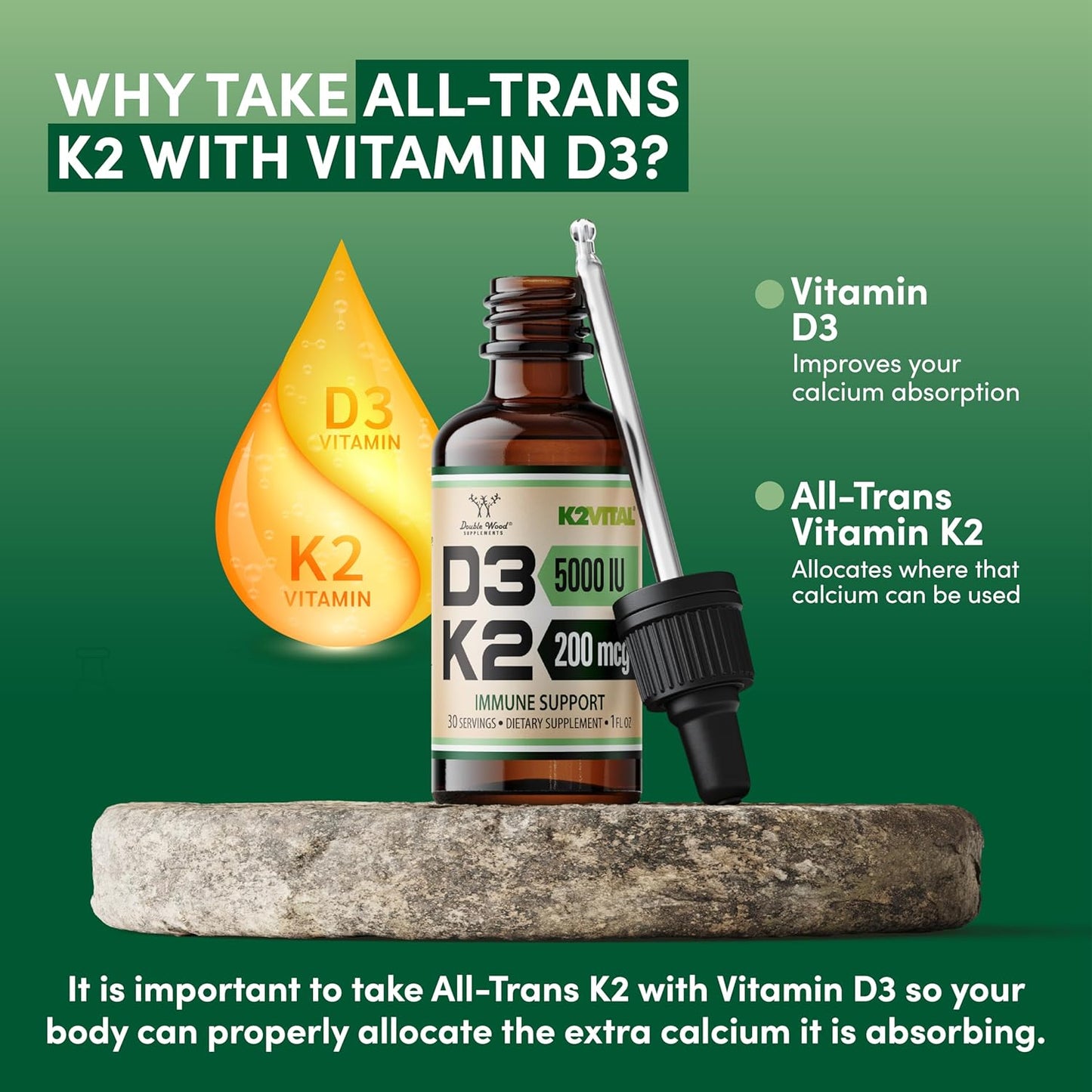 Double Wood Supplements Max Absorption Vitamin D3 K2 Liquid Drops - 5,000 IU D3 and 200mcg K2 MK-7 (K2Vital) - 30 Servings