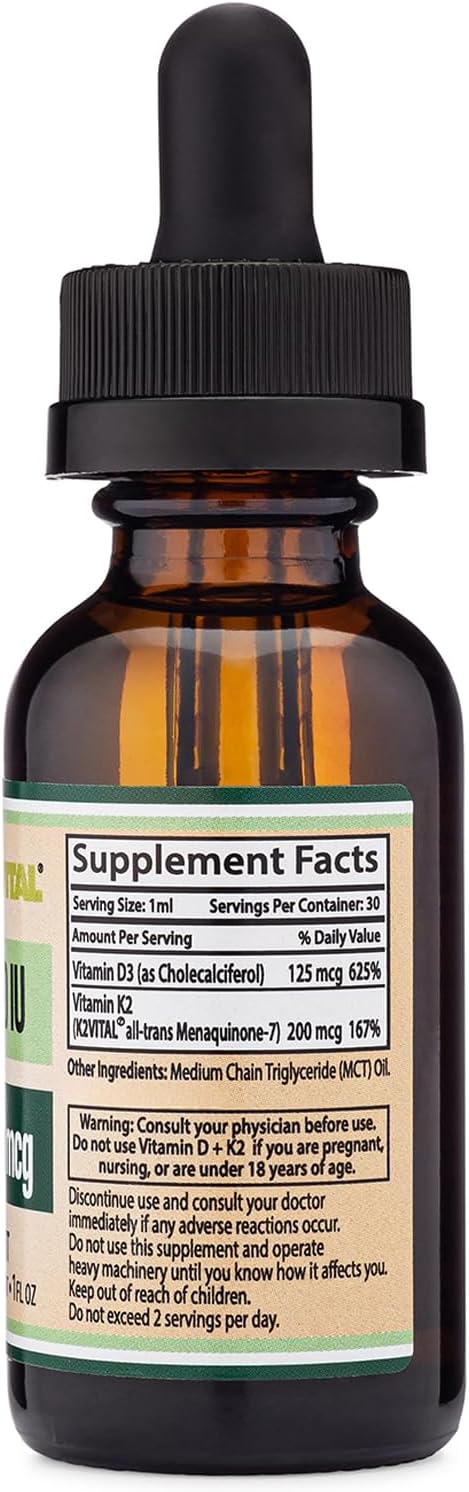 Double Wood Supplements Max Absorption Vitamin D3 K2 Liquid Drops - 5,000 IU D3 and 200mcg K2 MK-7 (K2Vital) - 30 Servings