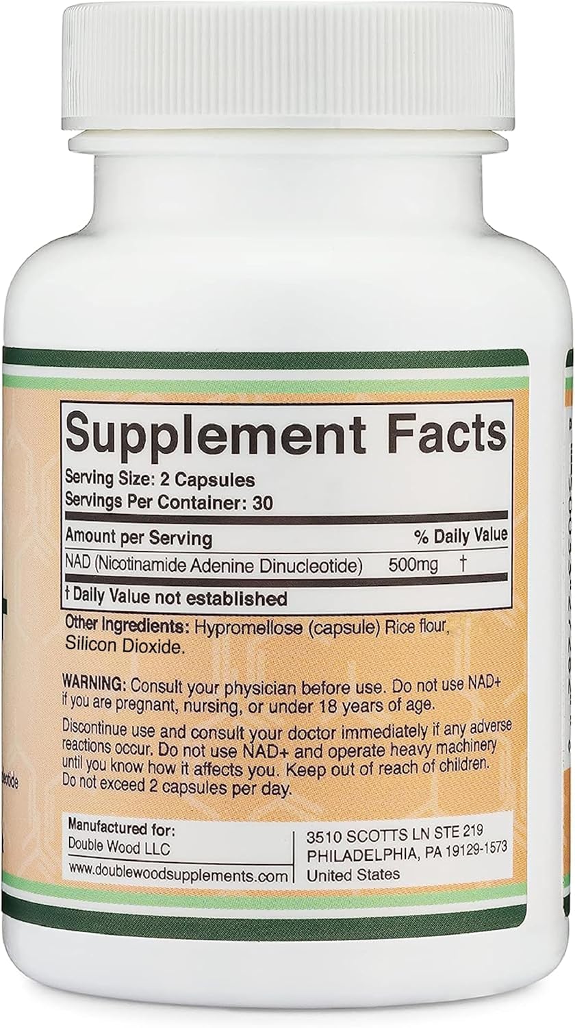 Double Wood Supplements NAD+ Booster - 500mg Pure NAD, 30 Day Supply, Third Party Tested, Vegan, Non-GMO