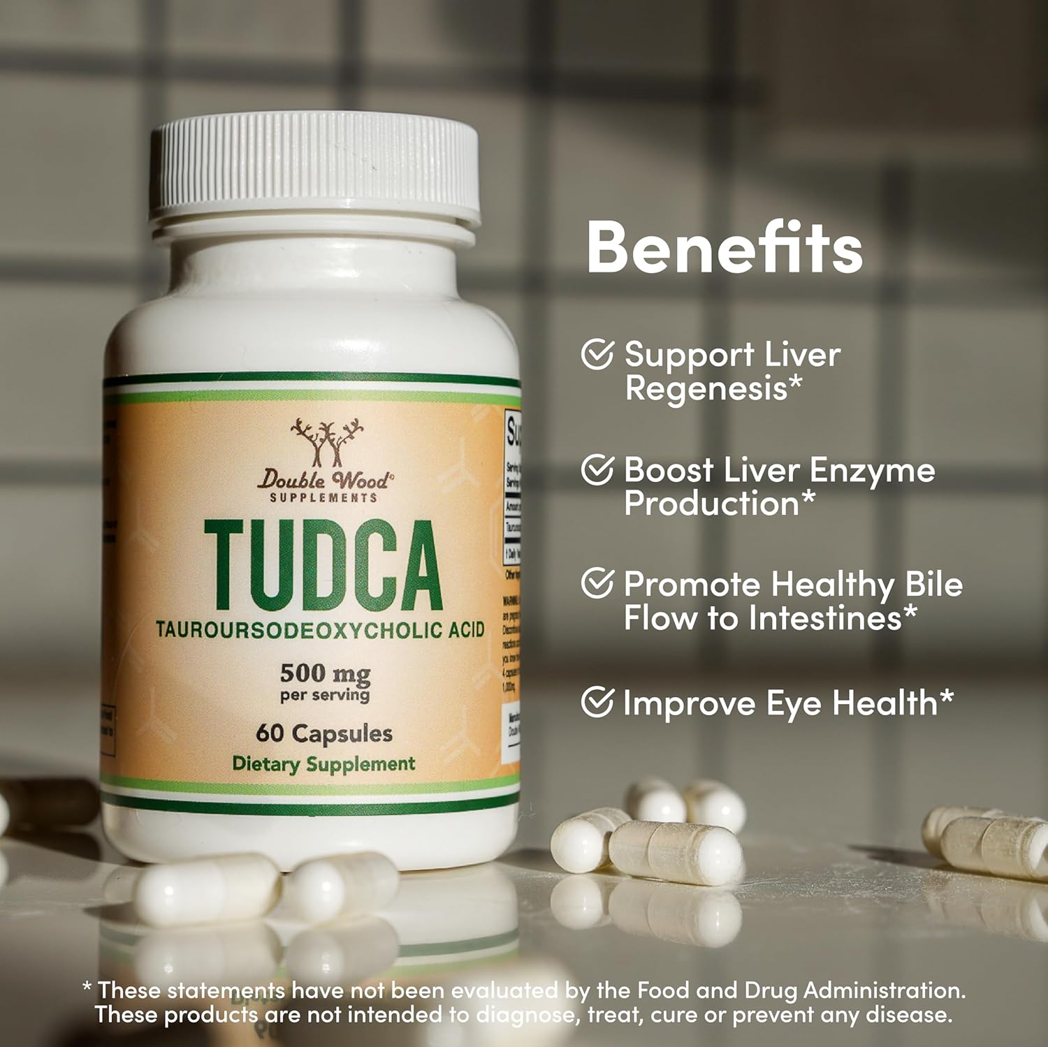 Double Wood Supplements TUDCA Bile Salts Liver Support Capsules - 500mg Servings - Gallbladder Cleanse - Strong Bitter Taste - 60 Capsules