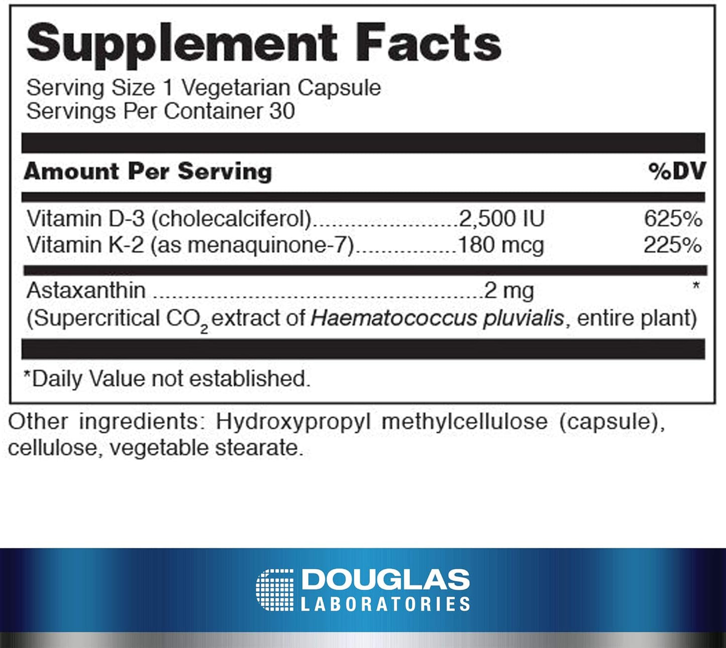 Douglas Laboratories K2-D3 Capsules with Astaxanthin for Bone, Immune, & Vascular Health - 30 Vegetarian Capsules