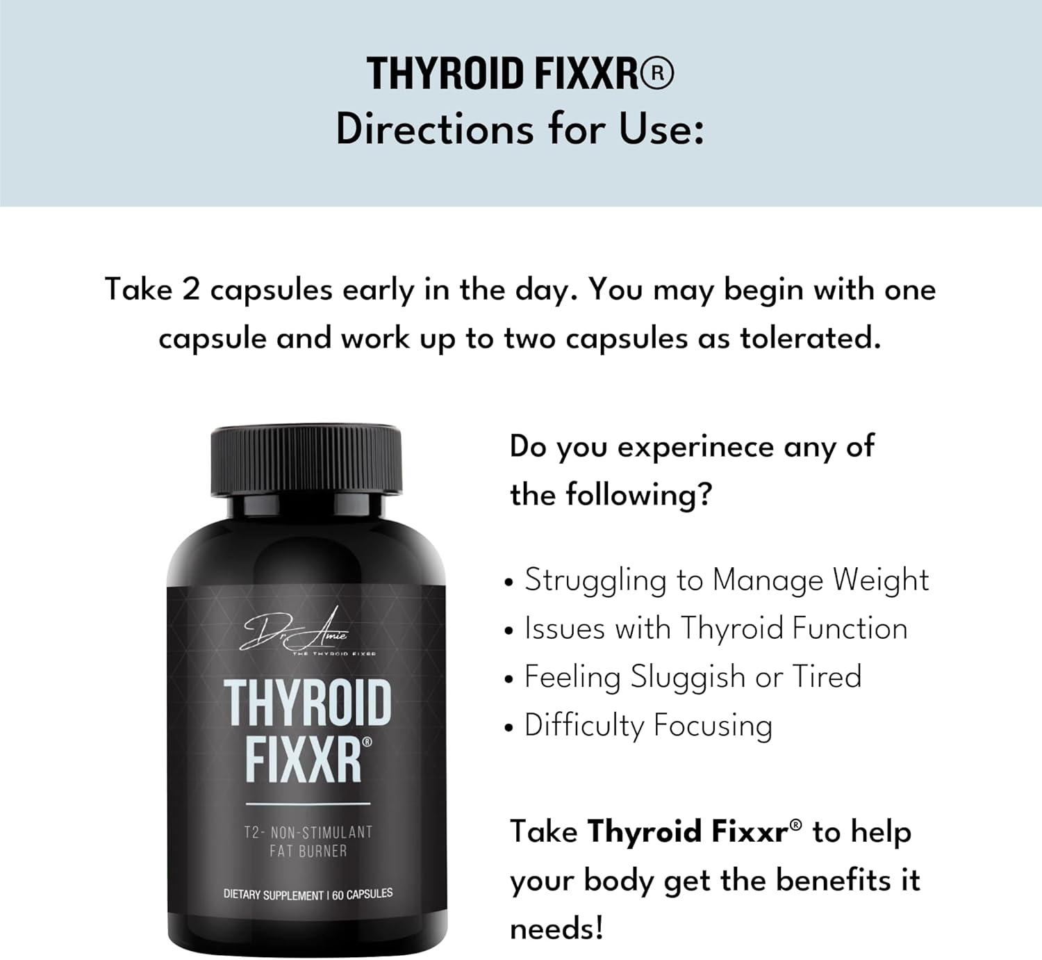 Dr. Amie's Fixxr T2 Thyroid Supplement - 30 Day Supply, 60 Capsules for Thyroid Support