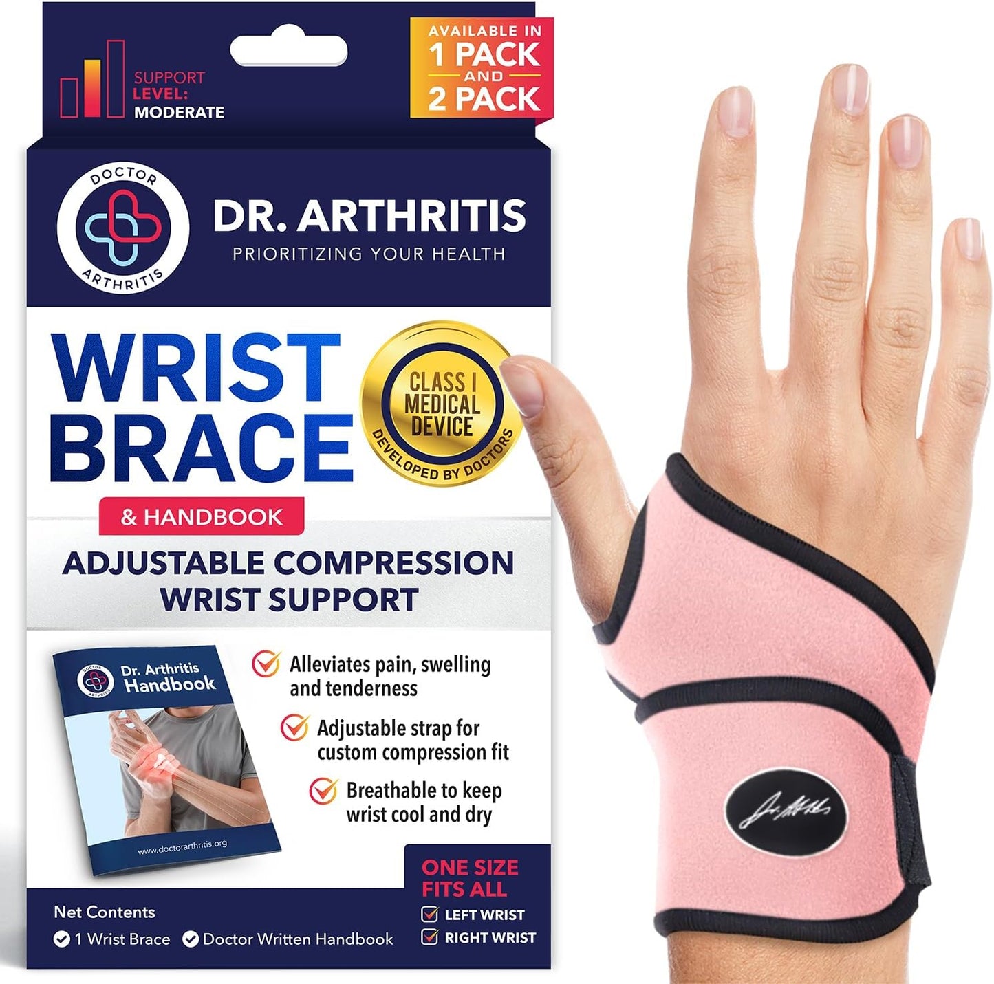Dr. Arthritis Wrist Brace for Carpal Tunnel & Arthritis - Doctor Developed Hand Support for Fitness & Weightlifting - Pink, 1 Pack with Handbook