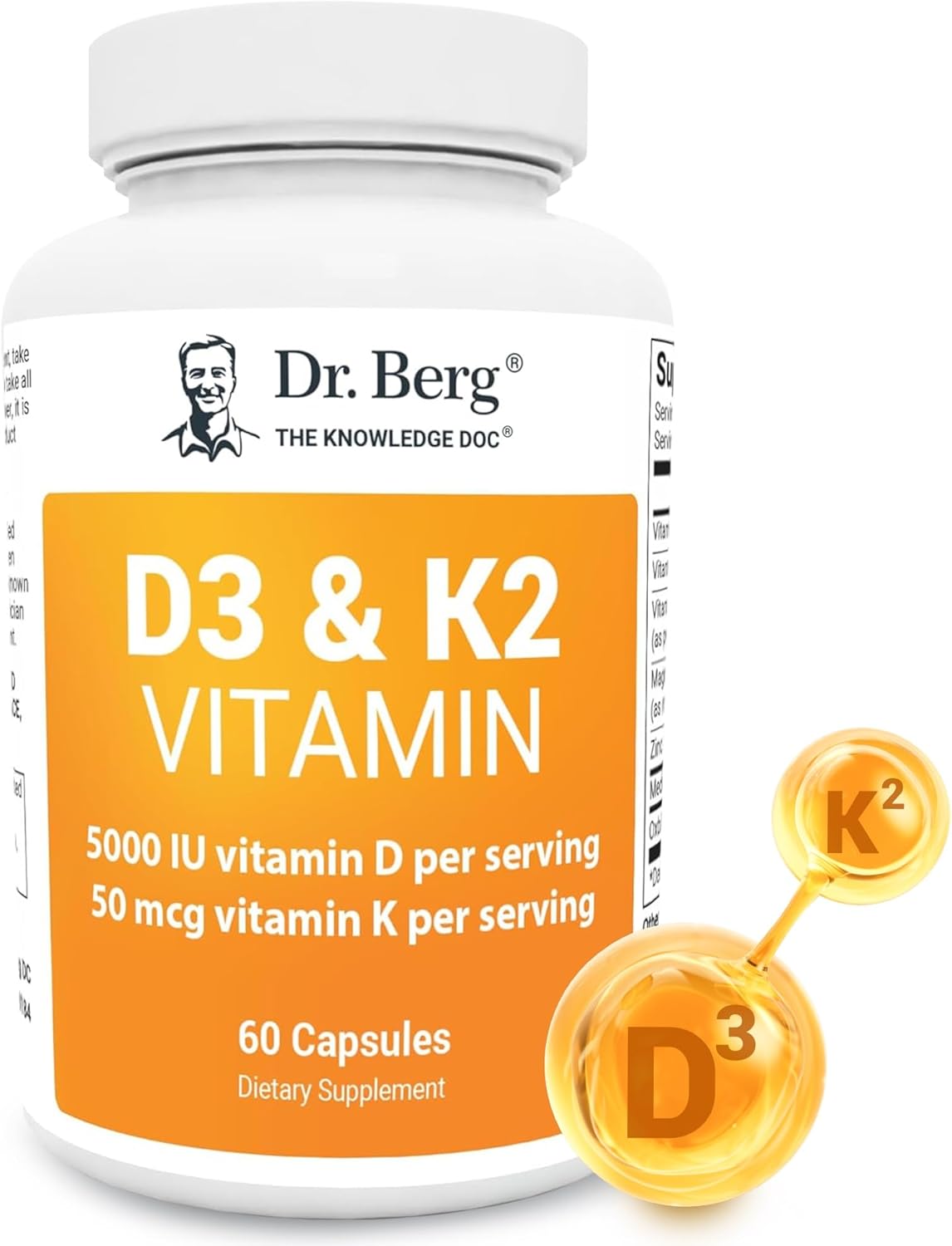 Dr. Berg D3 K2 Vitamin Supplement with MCT Powder - 5000 IU, 50 mcg MK7, Bile Salts, Zinc & Magnesium for Absorption - 60 Capsules