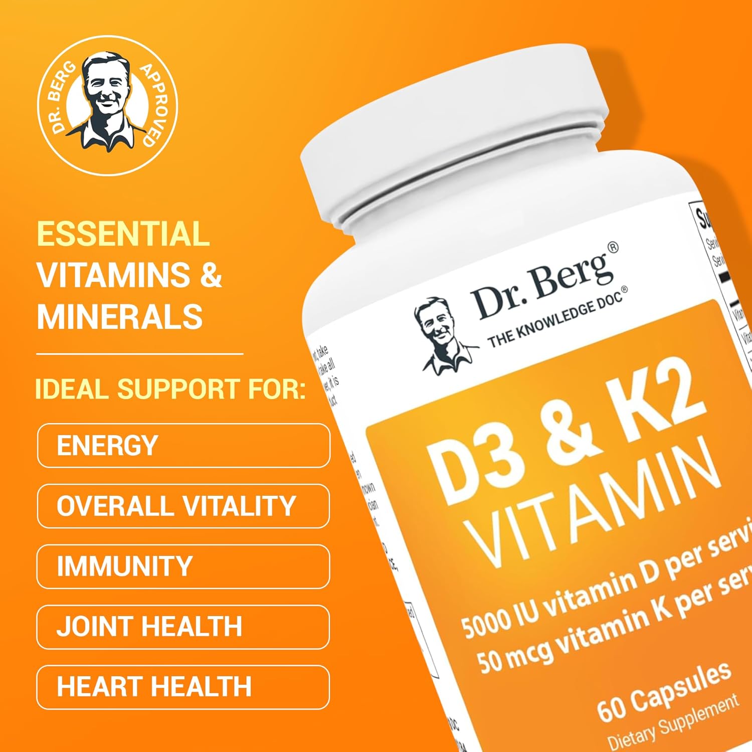 Dr. Berg D3 K2 Vitamin Supplement with MCT Powder - 5000 IU, 50 mcg MK7, Bile Salts, Zinc & Magnesium for Absorption - 60 Capsules