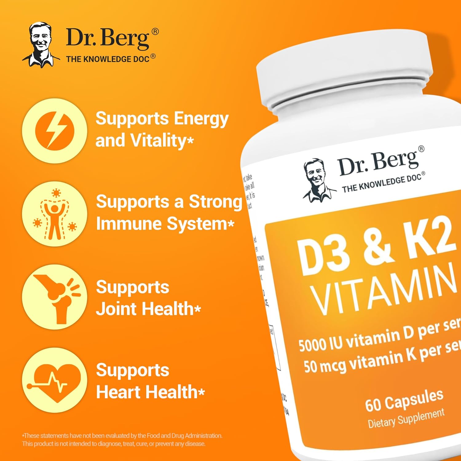 Dr. Berg D3 K2 Vitamin Supplement with MCT Powder - 5000 IU, 50 mcg MK7, Bile Salts, Zinc & Magnesium for Absorption - 60 Capsules