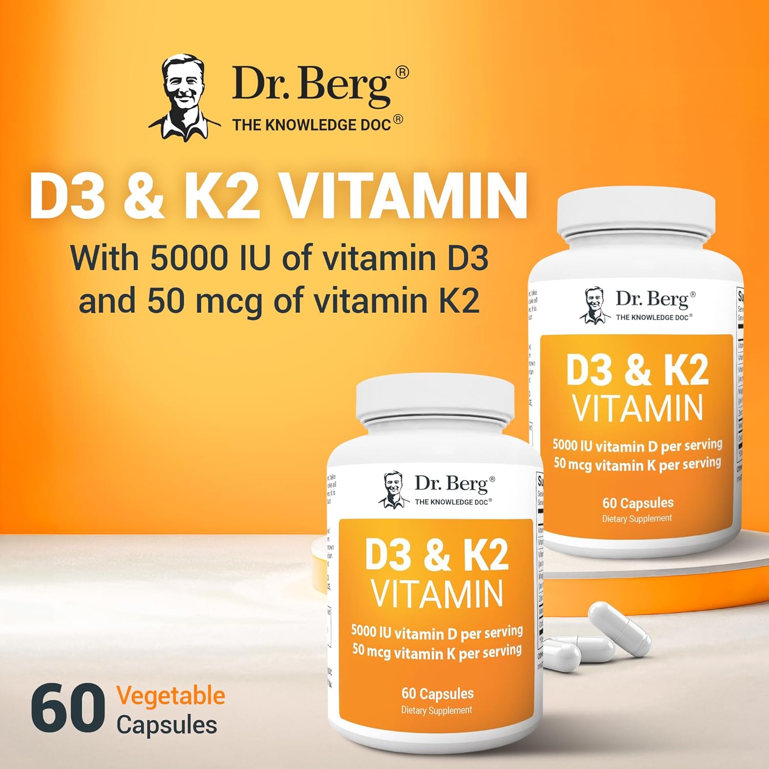 Dr. Berg D3 K2 Vitamin Supplement with MCT Powder - 5000 IU, 50 mcg MK7, Bile Salts, Zinc & Magnesium for Absorption - 60 Capsules