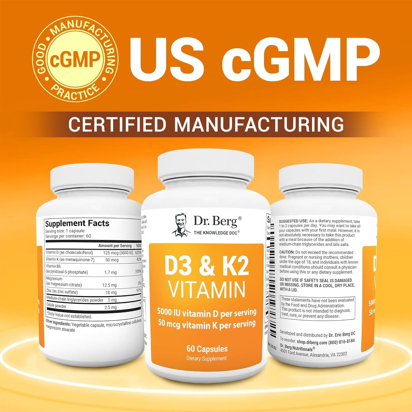 Dr. Berg D3 K2 Vitamin Supplement with MCT Powder - 5000 IU, 50 mcg MK7, Bile Salts, Zinc & Magnesium for Absorption - 60 Capsules