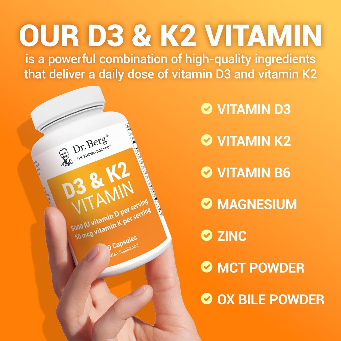 Dr. Berg D3 K2 Vitamin Supplement with MCT Powder - 5000 IU, 50 mcg MK7, Bile Salts, Zinc & Magnesium for Absorption - 60 Capsules