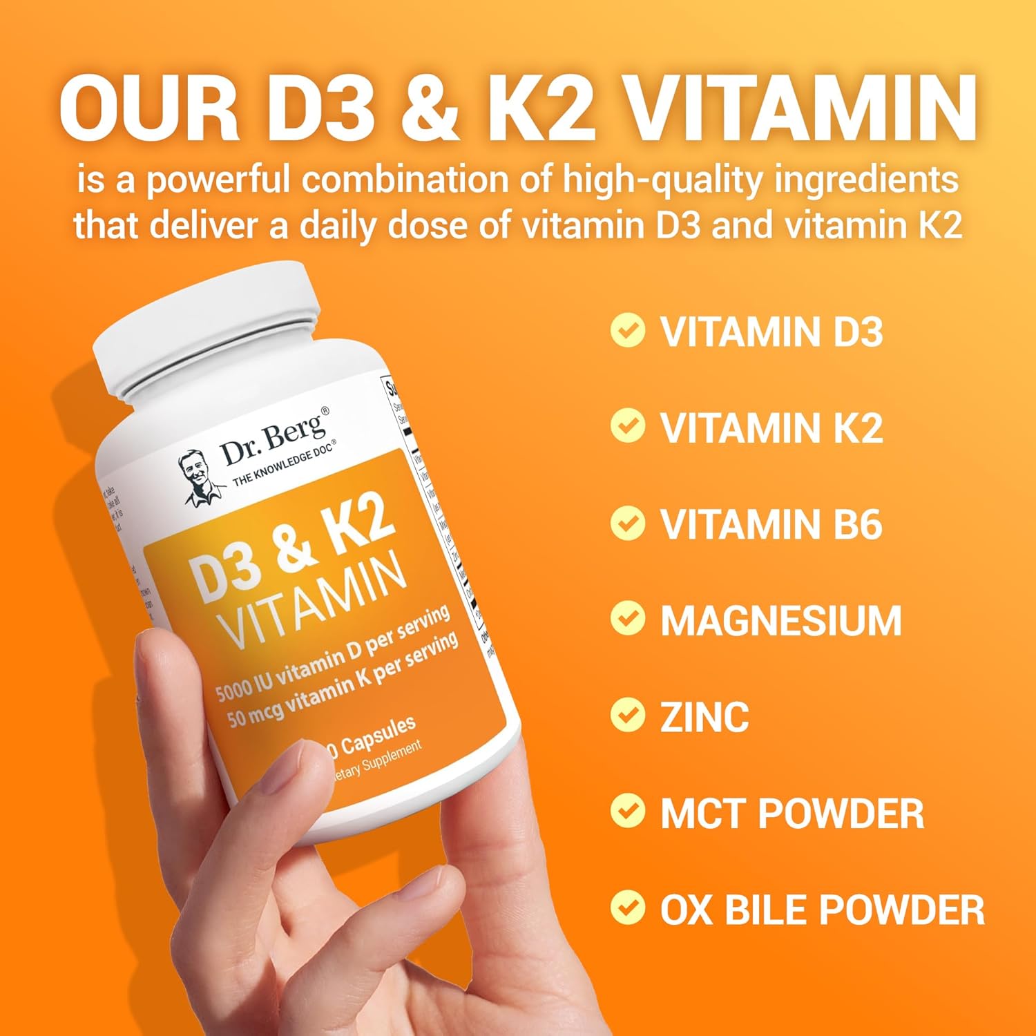 Dr. Berg D3 K2 Vitamin Supplement with MCT Powder - 5000 IU, 50 mcg MK7, Bile Salts, Zinc & Magnesium for Absorption - 60 Capsules