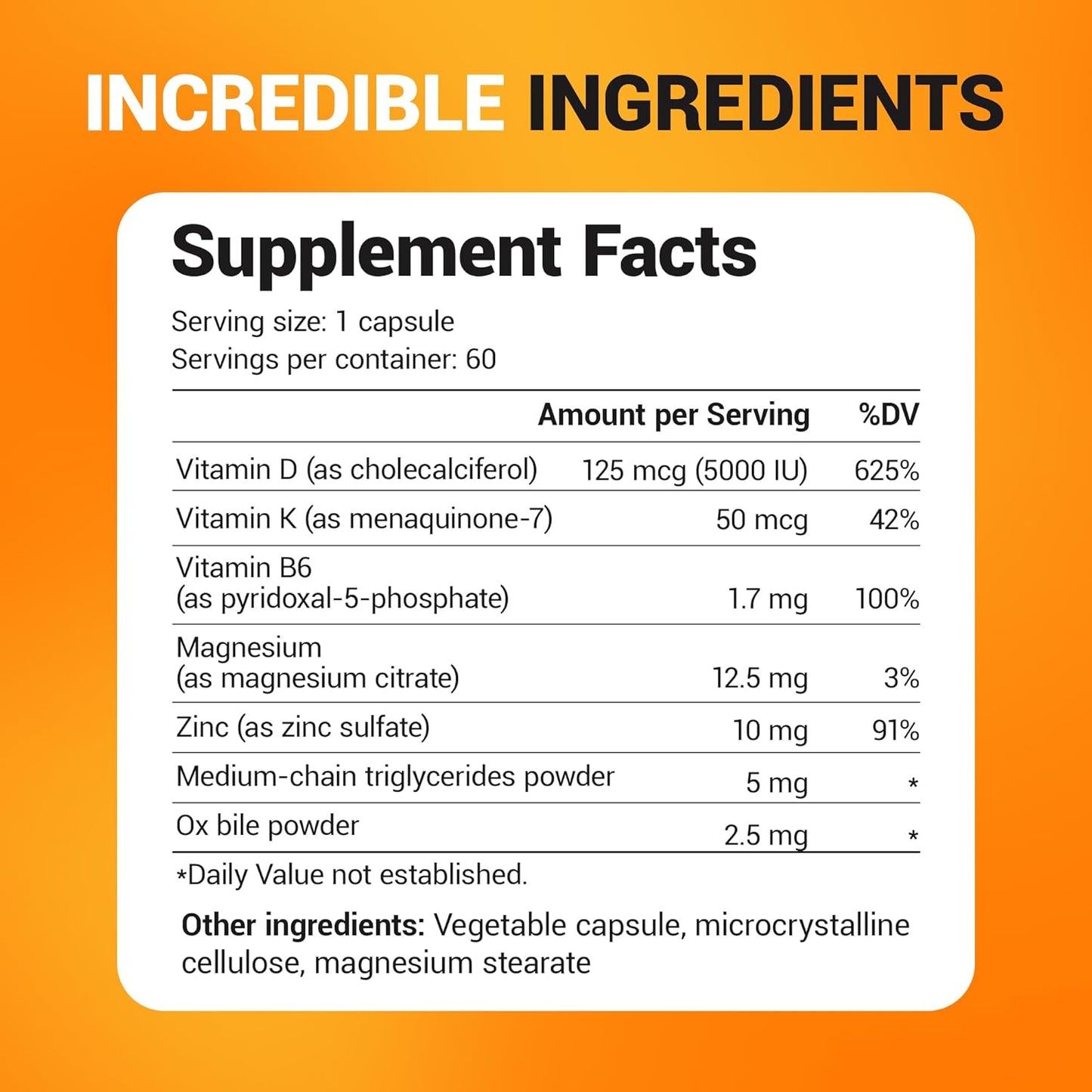 Dr. Berg D3 K2 Vitamin Supplement with MCT Powder - 5000 IU, 50 mcg MK7, Bile Salts, Zinc & Magnesium for Absorption - 60 Capsules