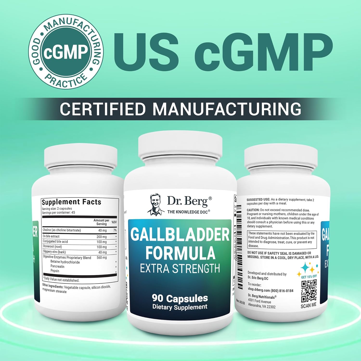 Dr. Berg Gallbladder Formula Extra Strength with Purified Bile Salts, Enzymes, & Digestive Herbs - 45-Day Supply (90 Capsules)