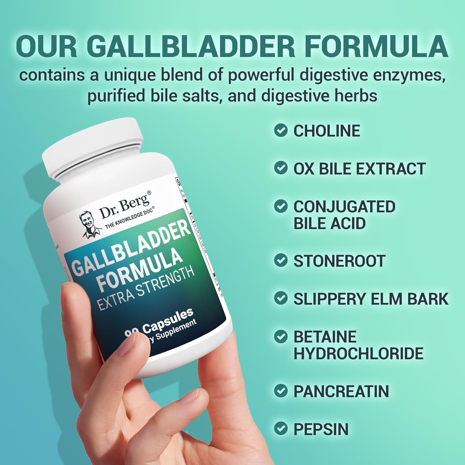 Dr. Berg Gallbladder Formula Extra Strength with Purified Bile Salts, Enzymes, & Digestive Herbs - 45-Day Supply (90 Capsules)