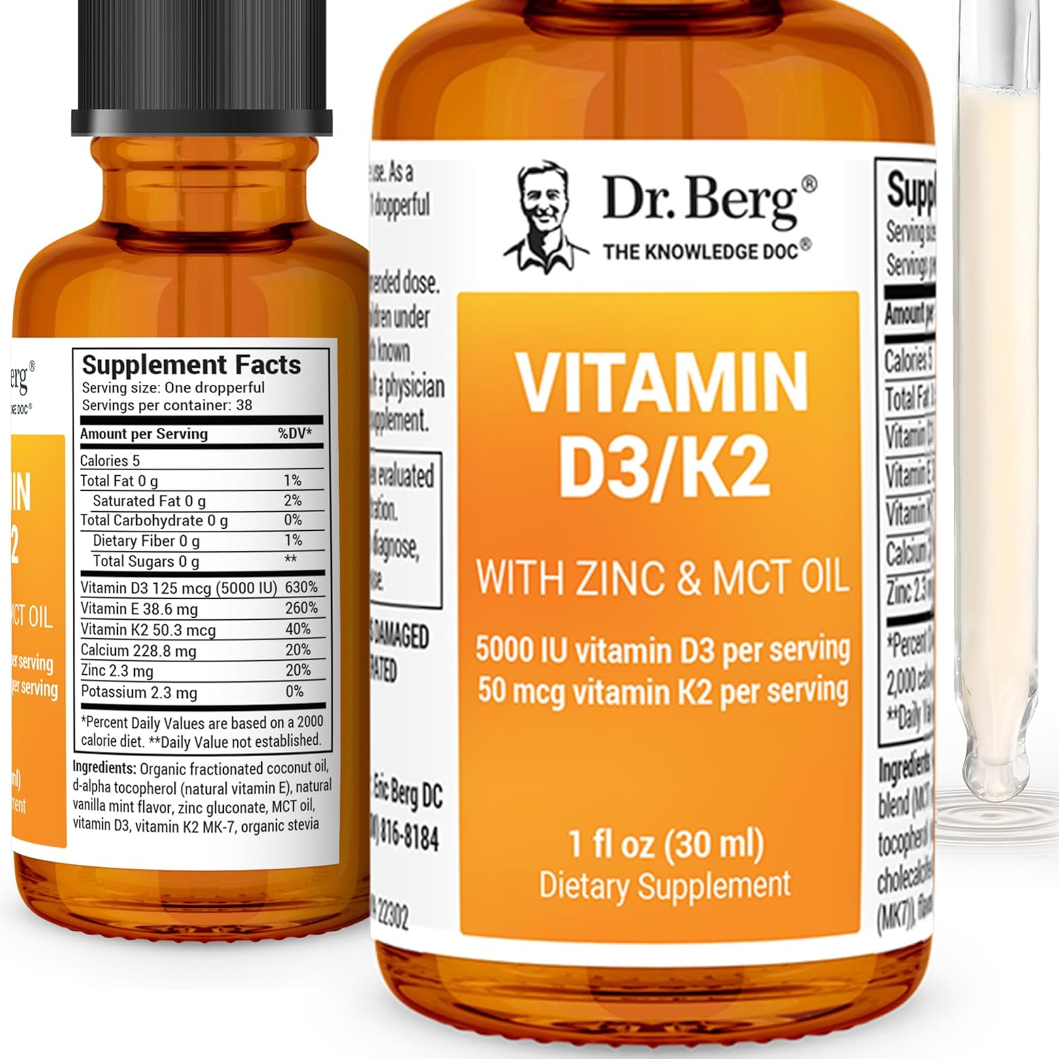 Dr. Berg Liquid Vitamin D3 & K2 Supplement with Zinc - Supports Bone, Teeth, Mood & Immune Health - 1 fl oz