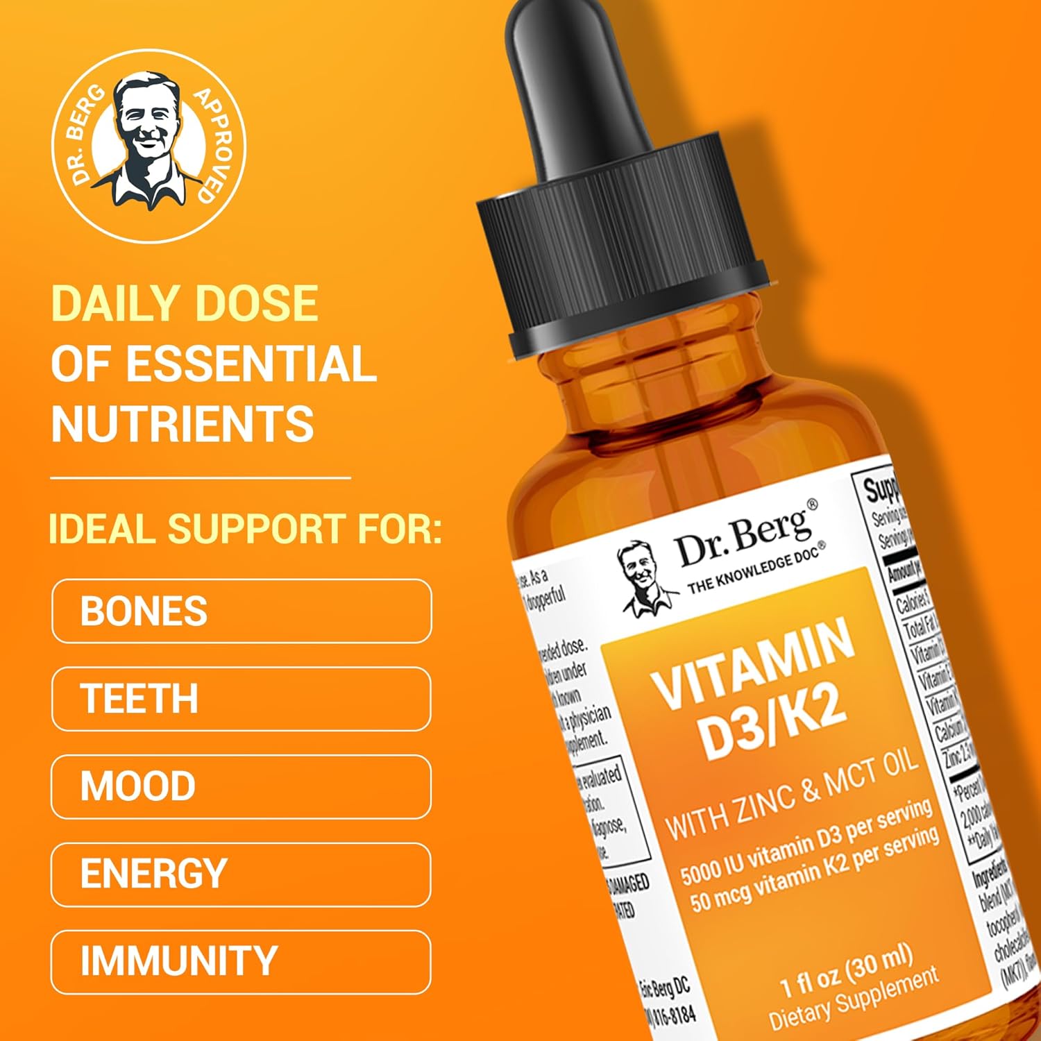 Dr. Berg Liquid Vitamin D3 & K2 Supplement with Zinc - Supports Bone, Teeth, Mood & Immune Health - 1 fl oz