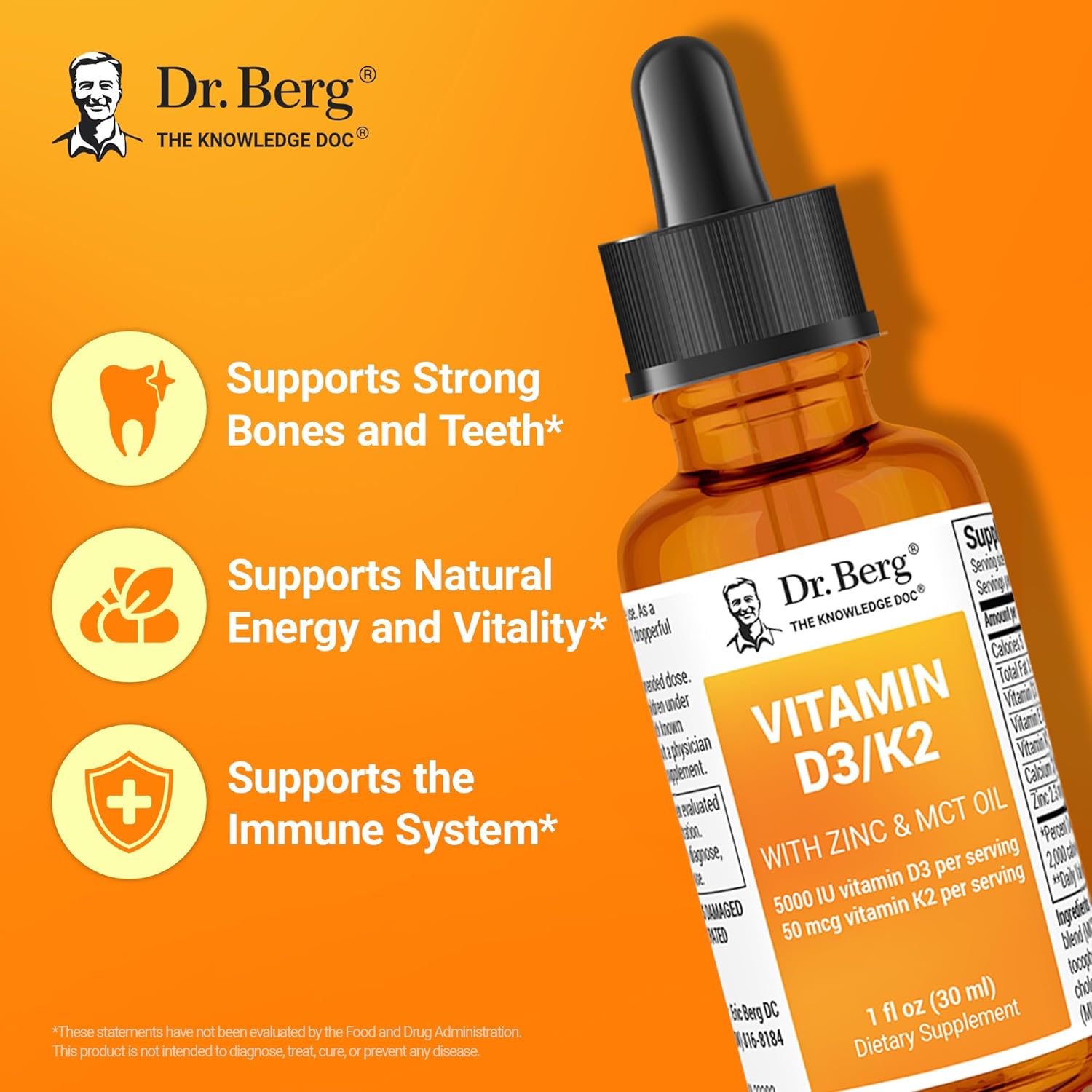 Dr. Berg Liquid Vitamin D3 & K2 Supplement with Zinc - Supports Bone, Teeth, Mood & Immune Health - 1 fl oz