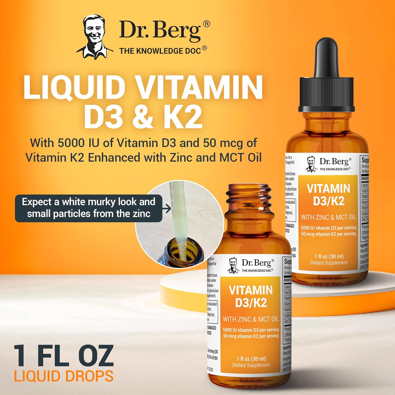 Dr. Berg Liquid Vitamin D3 & K2 Supplement with Zinc - Supports Bone, Teeth, Mood & Immune Health - 1 fl oz