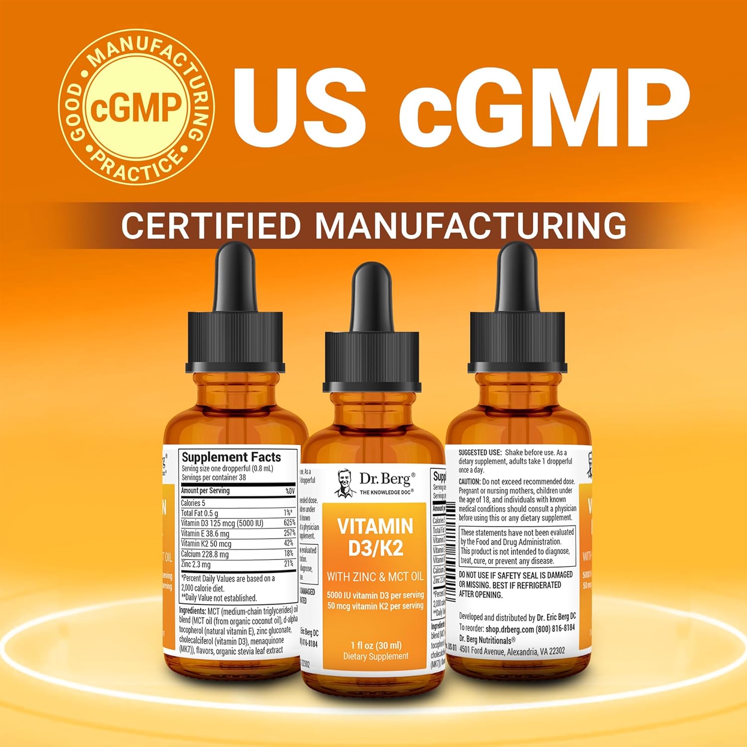 Dr. Berg Liquid Vitamin D3 & K2 Supplement with Zinc - Supports Bone, Teeth, Mood & Immune Health - 1 fl oz