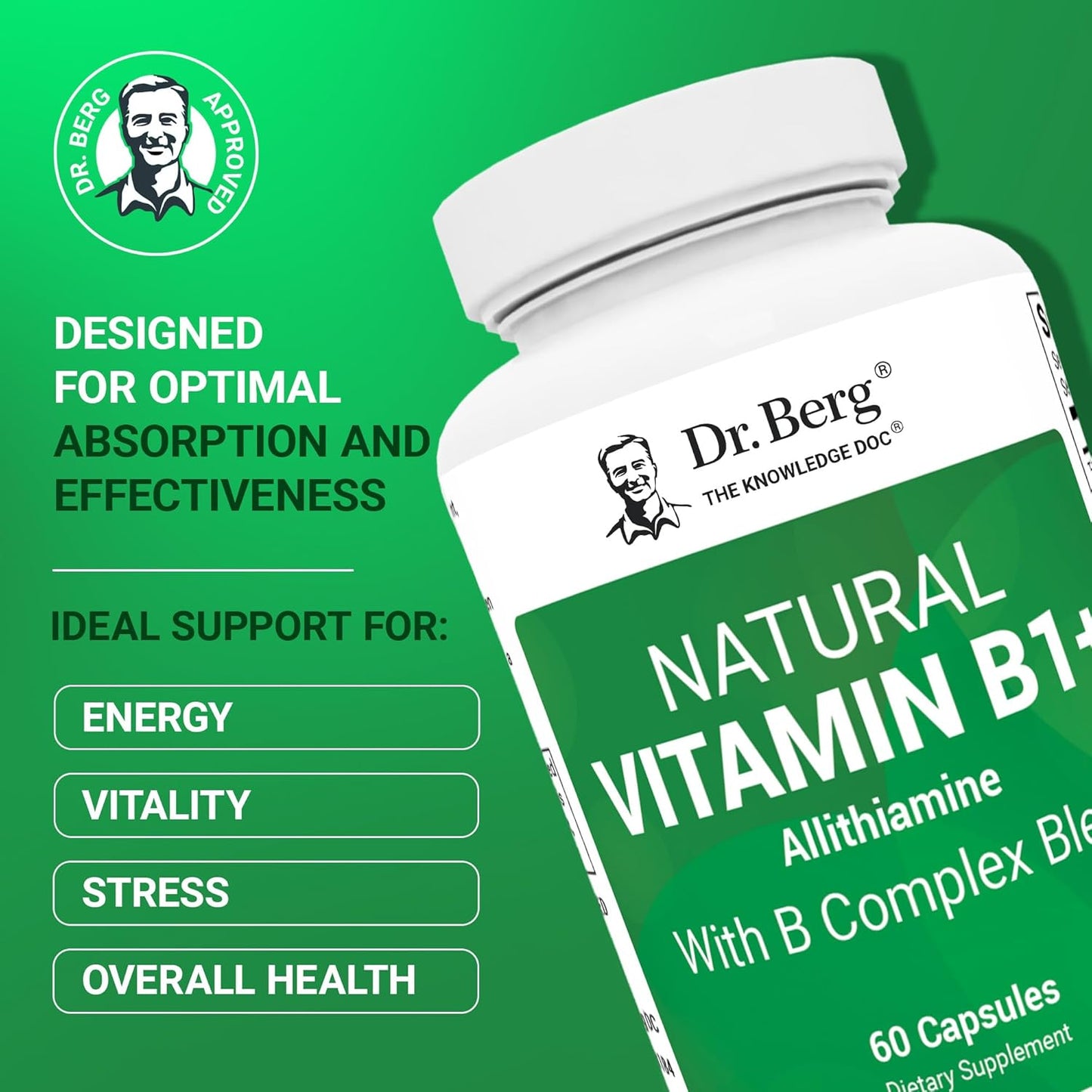 Dr. Berg Natural Vitamin B Complex Supplement with Allithiamine - Essential B1 B6 B12 Vitamins for Men & Women - 60 Capsules
