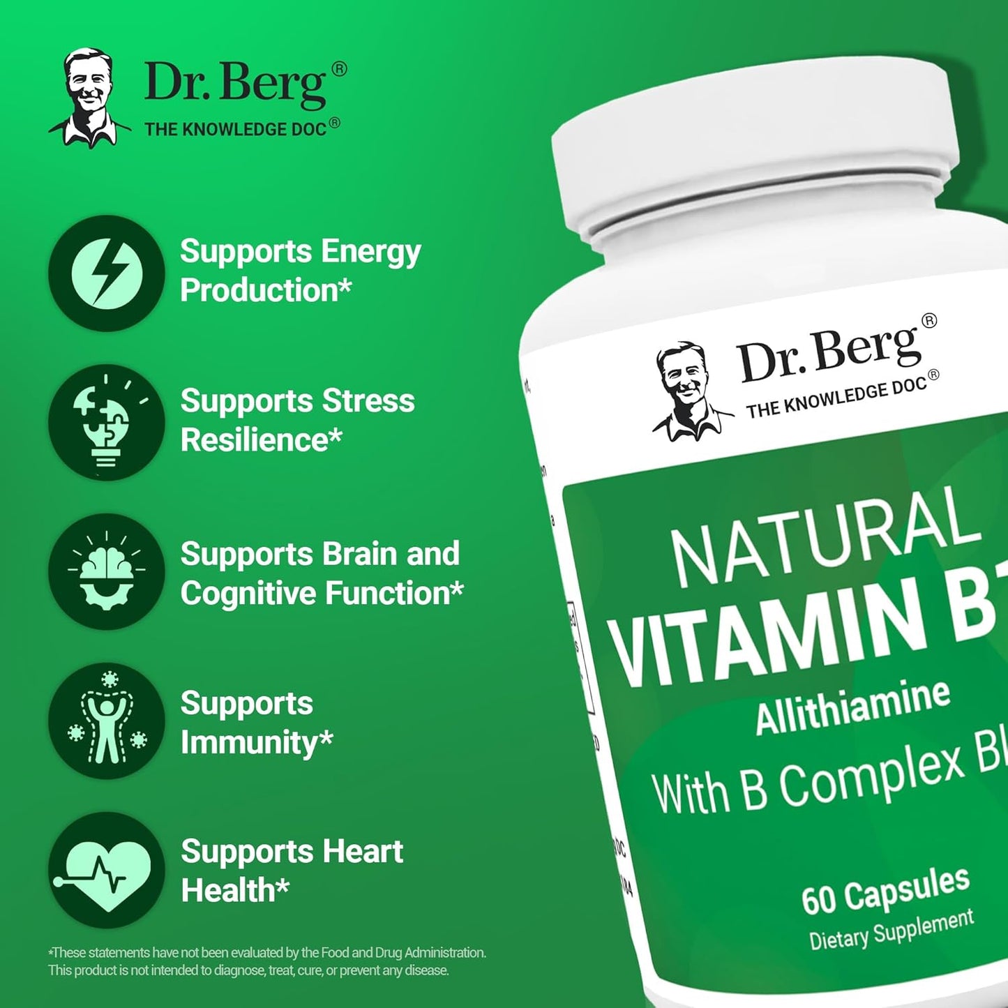 Dr. Berg Natural Vitamin B Complex Supplement with Allithiamine - Essential B1 B6 B12 Vitamins for Men & Women - 60 Capsules