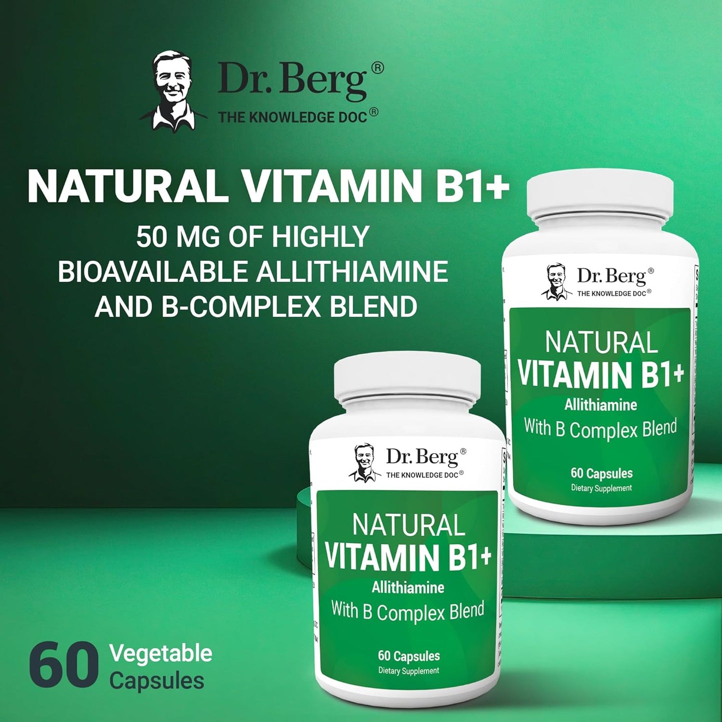 Dr. Berg Natural Vitamin B Complex Supplement with Allithiamine - Essential B1 B6 B12 Vitamins for Men & Women - 60 Capsules