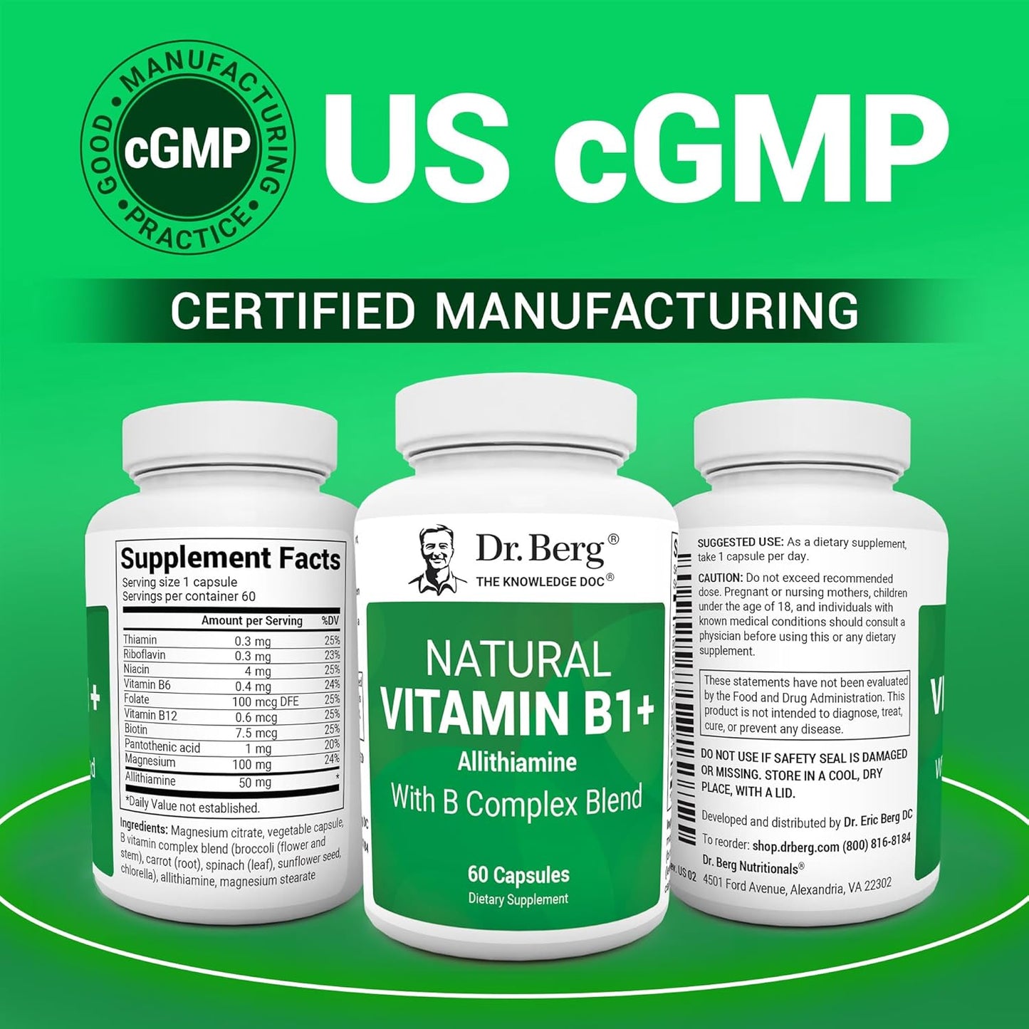 Dr. Berg Natural Vitamin B Complex Supplement with Allithiamine - Essential B1 B6 B12 Vitamins for Men & Women - 60 Capsules