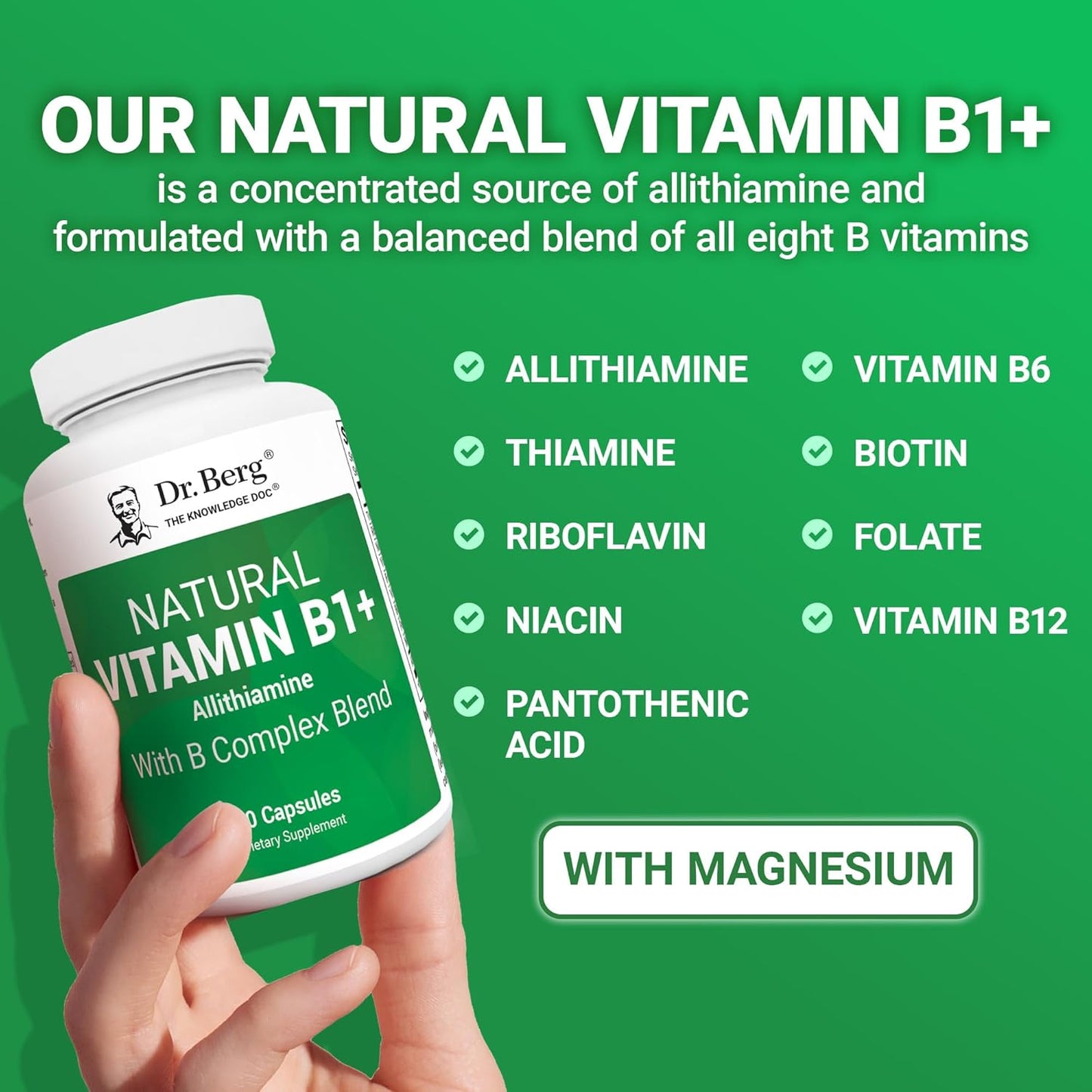 Dr. Berg Natural Vitamin B Complex Supplement with Allithiamine - Essential B1 B6 B12 Vitamins for Men & Women - 60 Capsules