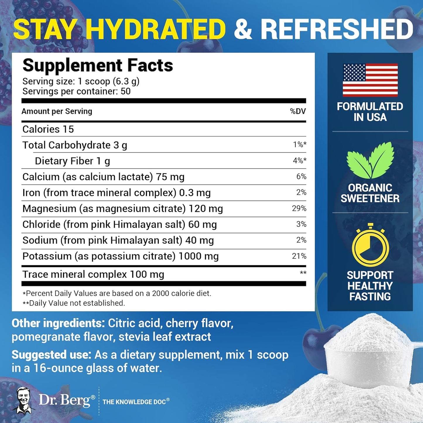 Dr. Berg Zero Sugar Hydration Keto Electrolyte Powder with Potassium and Himalayan Salt - Pomegranate Cherry Drink Supplement