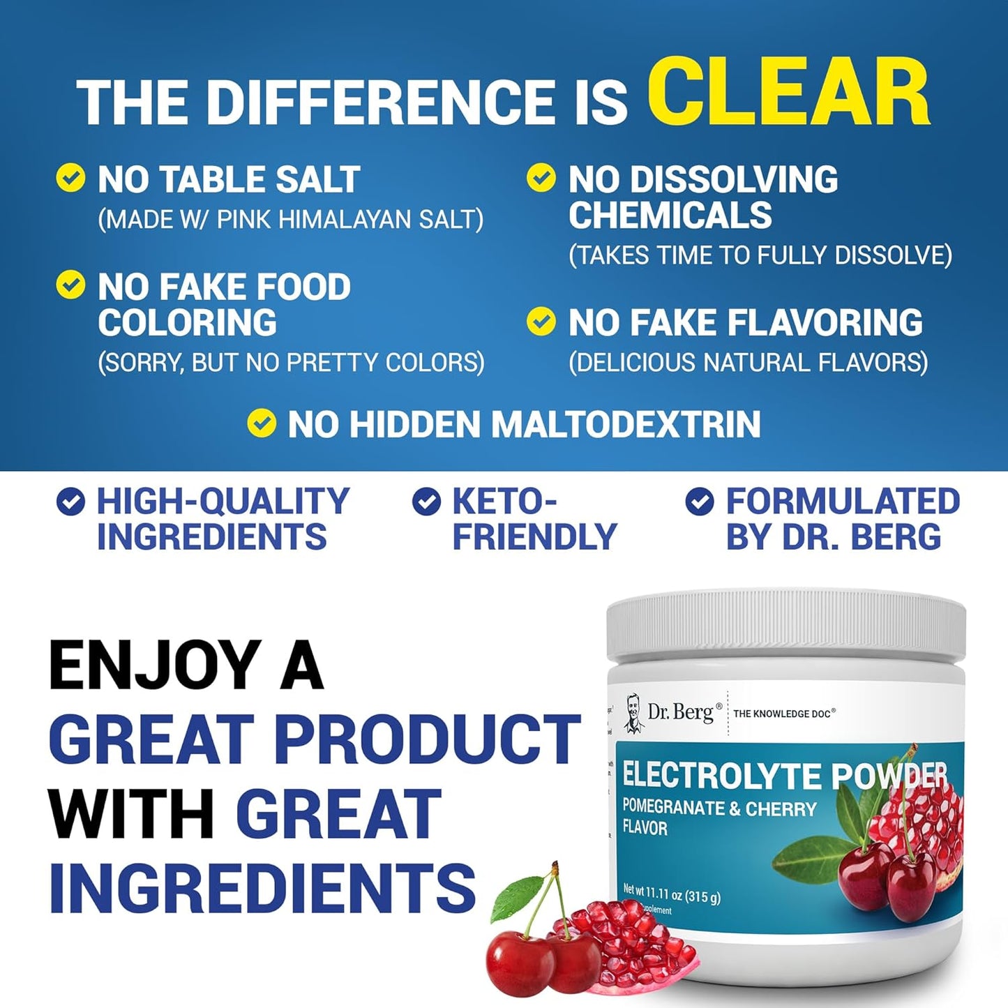 Dr. Berg Zero Sugar Hydration Keto Electrolyte Powder with Potassium and Himalayan Salt - Pomegranate Cherry Drink Supplement